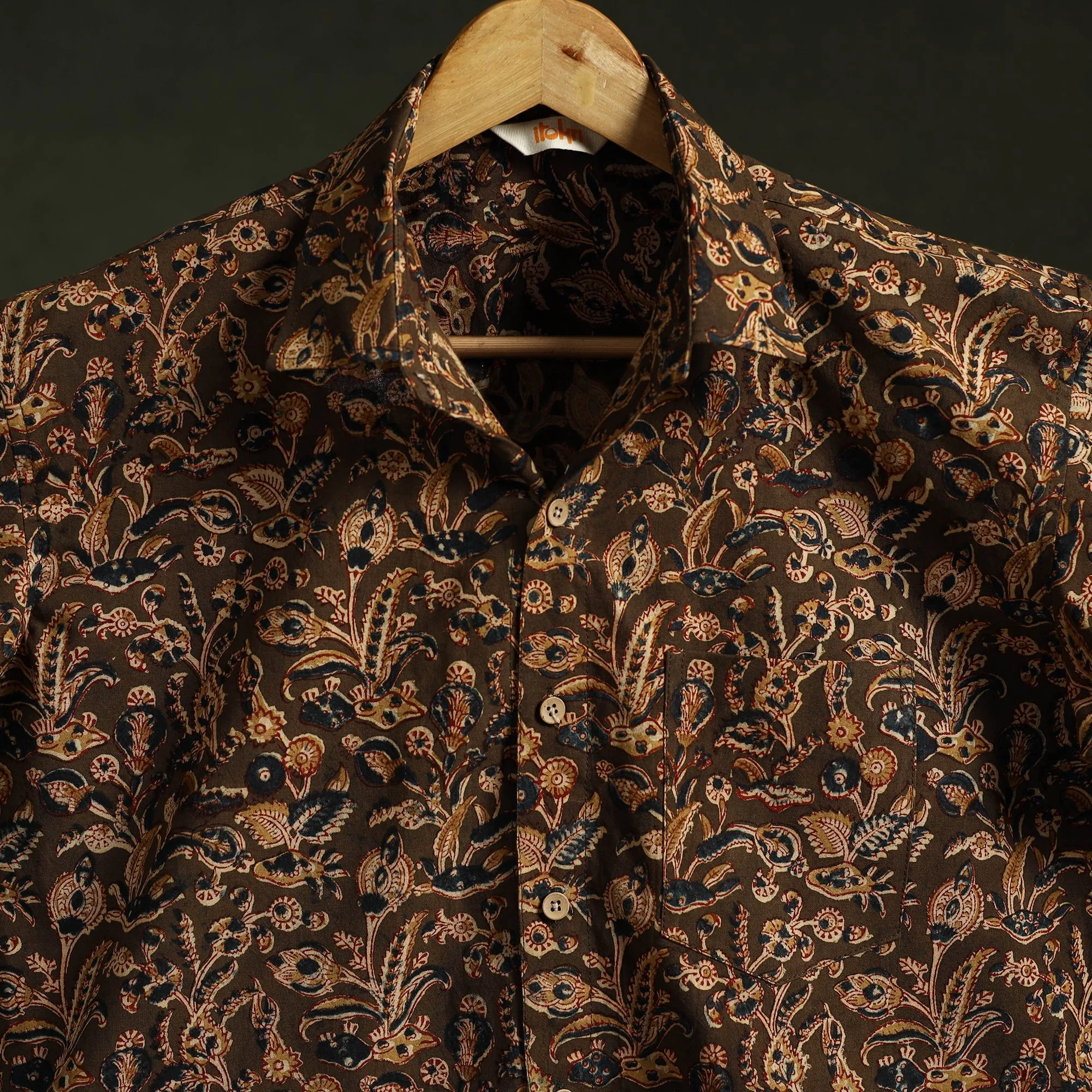 Brown - Pedana Hand Block Print Natural Dyed Cotton Half Sleeve Men Kalamkari Shirt 01 - Image 5