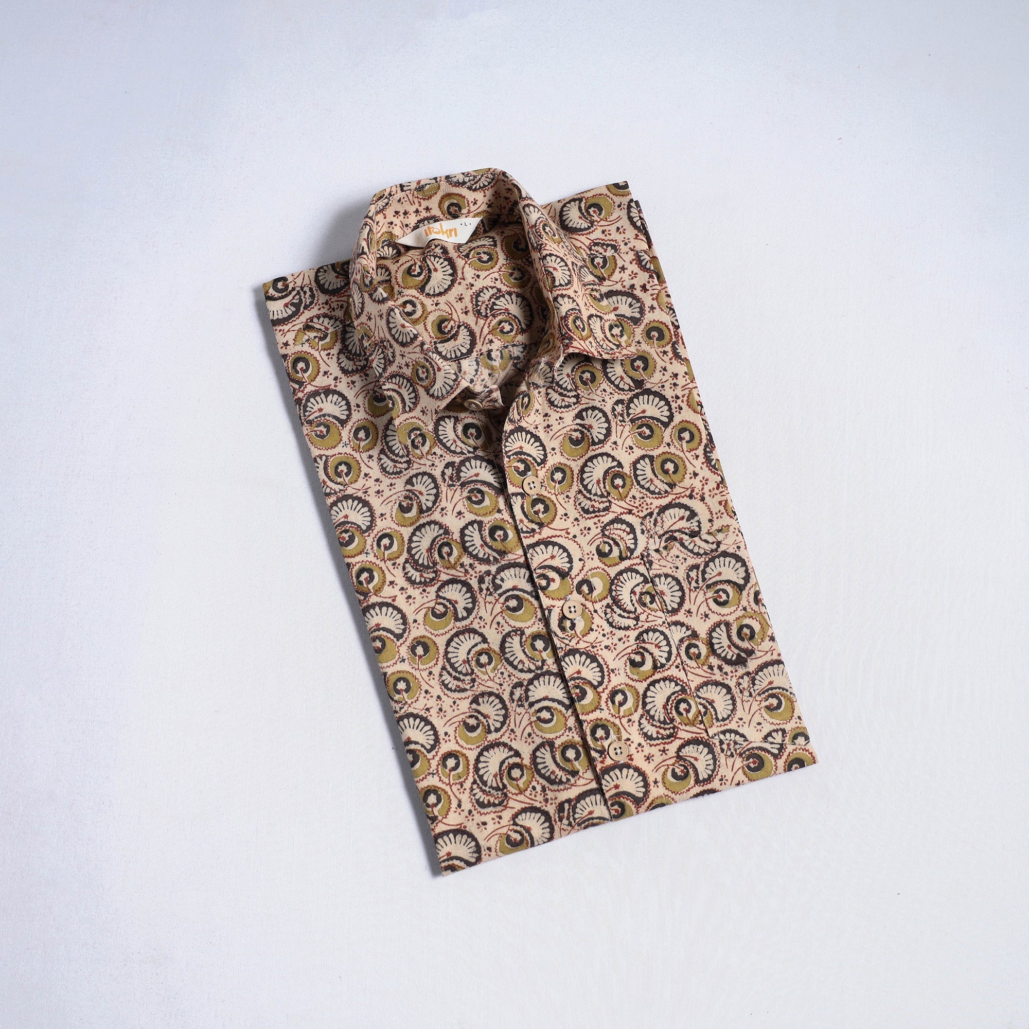 Beige - Pedana Hand Block Print Natural Dyed Cotton Half Sleeve Men Kalamkari Shirt 02 - Image 2