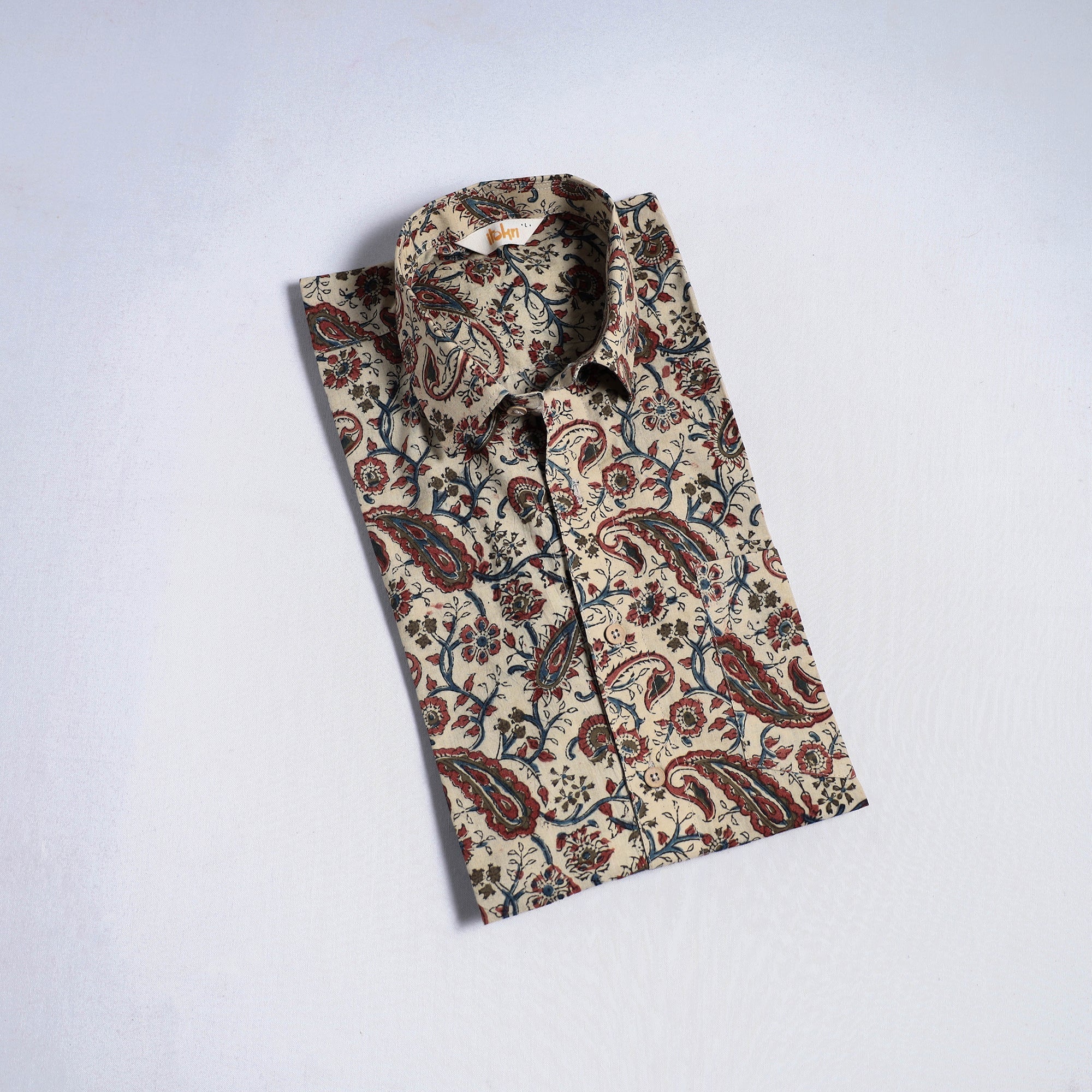 Beige - Pedana Hand Block Print Natural Dyed Cotton Half Sleeve Men Kalamkari Shirt 06 - Image 2