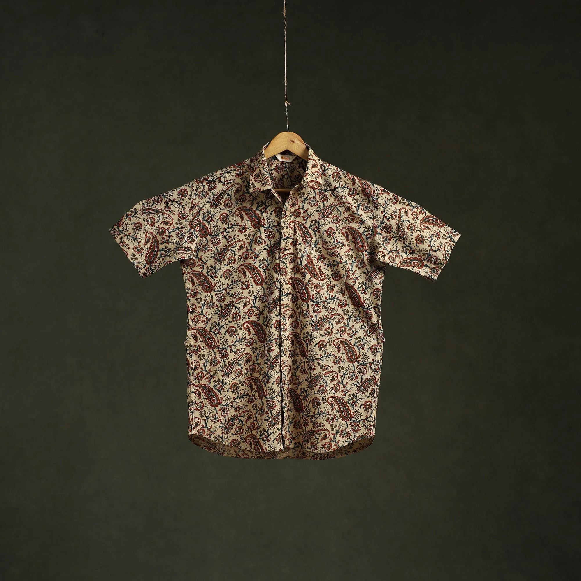 Beige - Pedana Hand Block Print Natural Dyed Cotton Half Sleeve Men Kalamkari Shirt 06 - Image 3