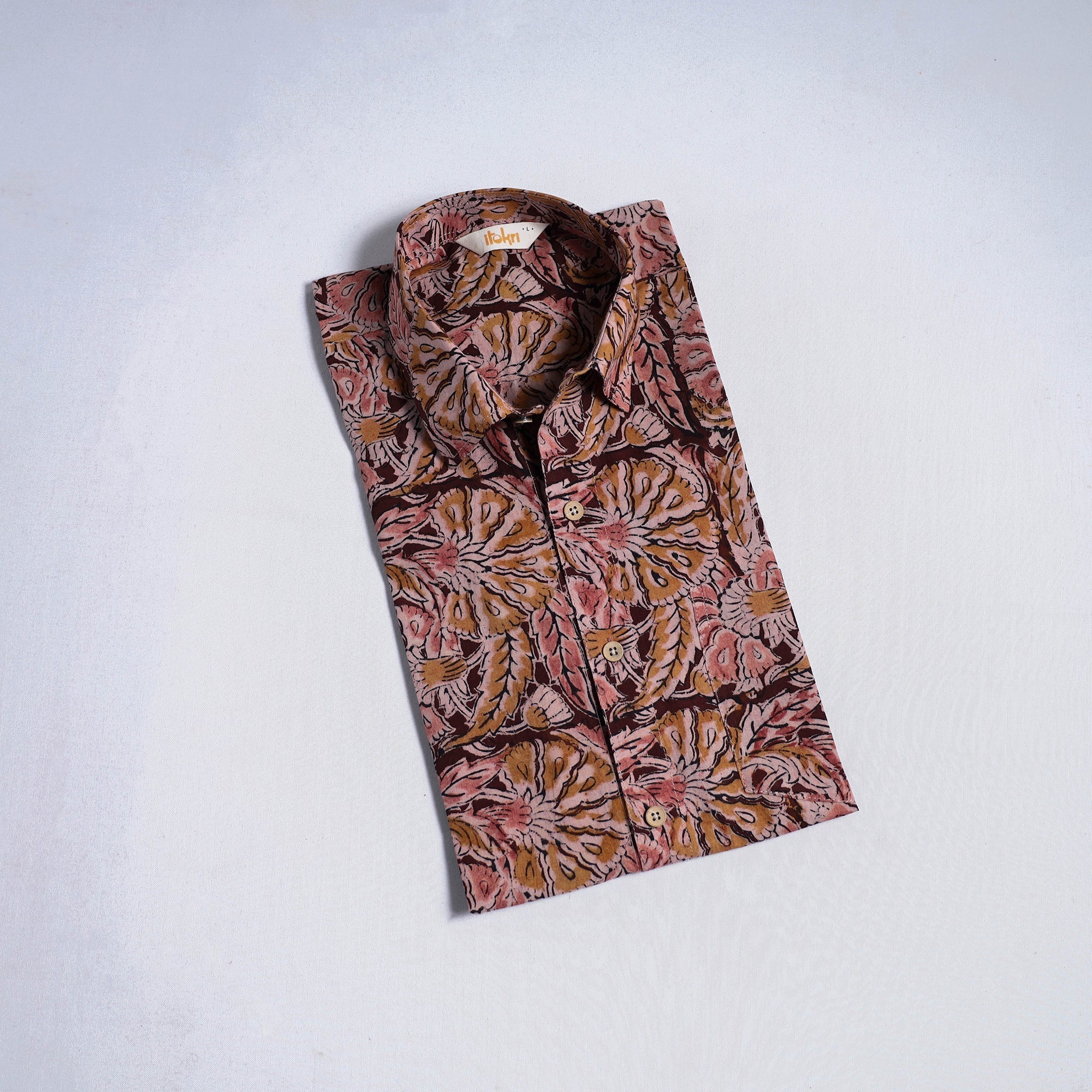 Brown - Pedana Hand Block Print Natural Dyed Cotton Half Sleeve Men Kalamkari Shirt 07 - Image 2