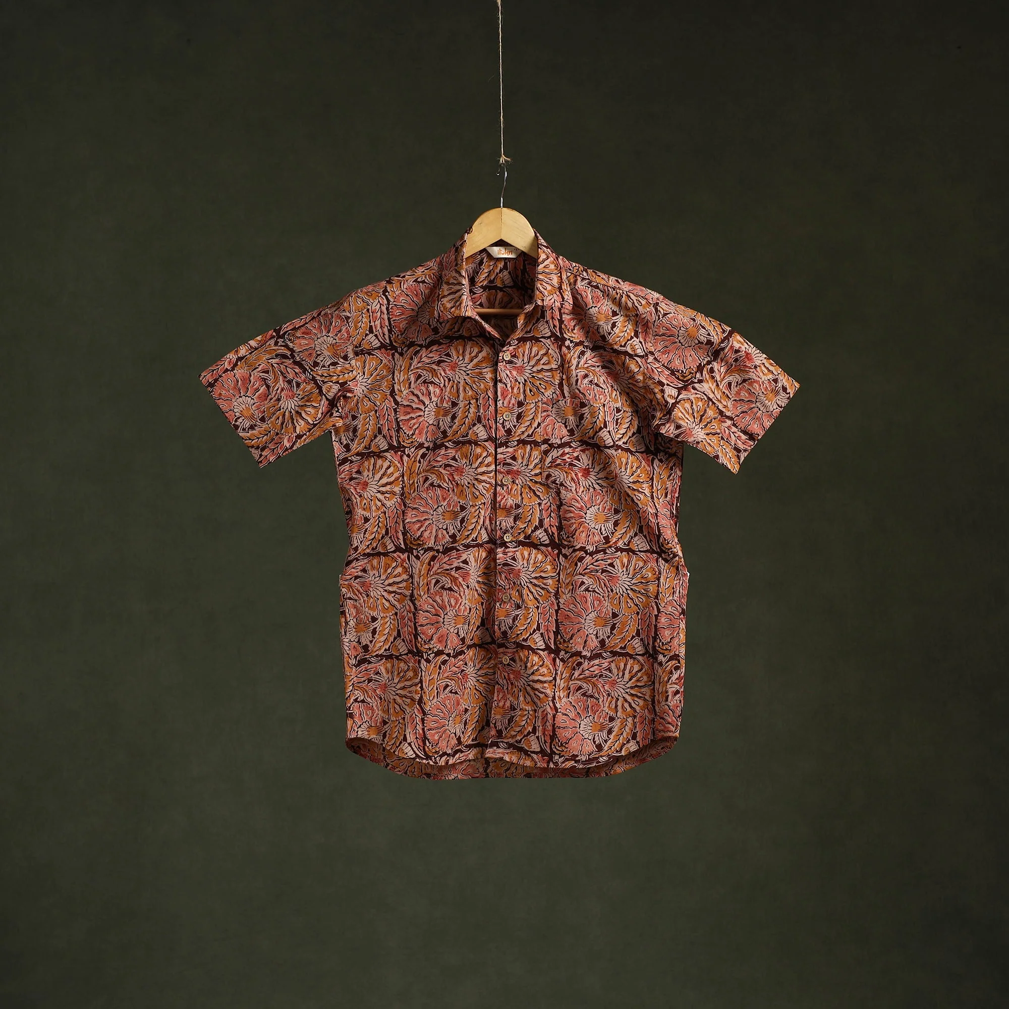 Brown - Pedana Hand Block Print Natural Dyed Cotton Half Sleeve Men Kalamkari Shirt 07 - Image 3