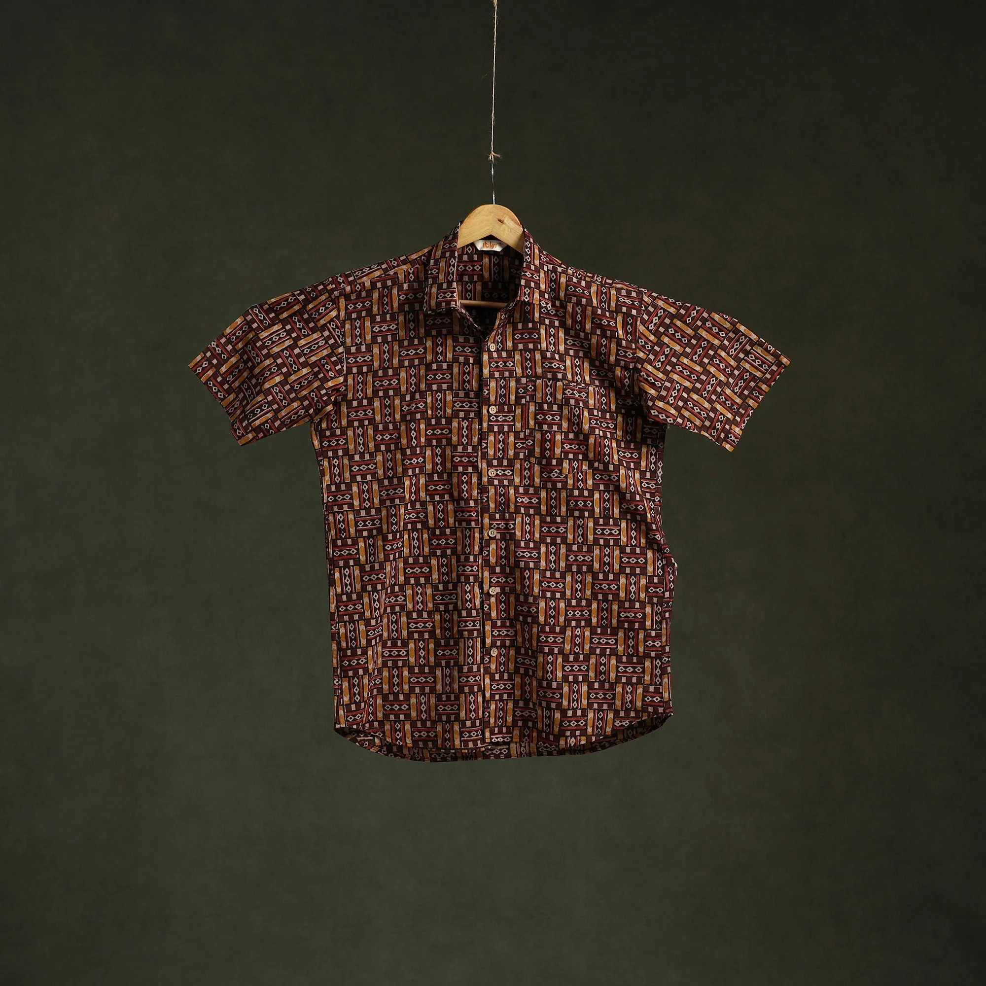 Brown - Pedana Hand Block Print Natural Dyed Cotton Half Sleeve Men Kalamkari Shirt 08 - Image 3