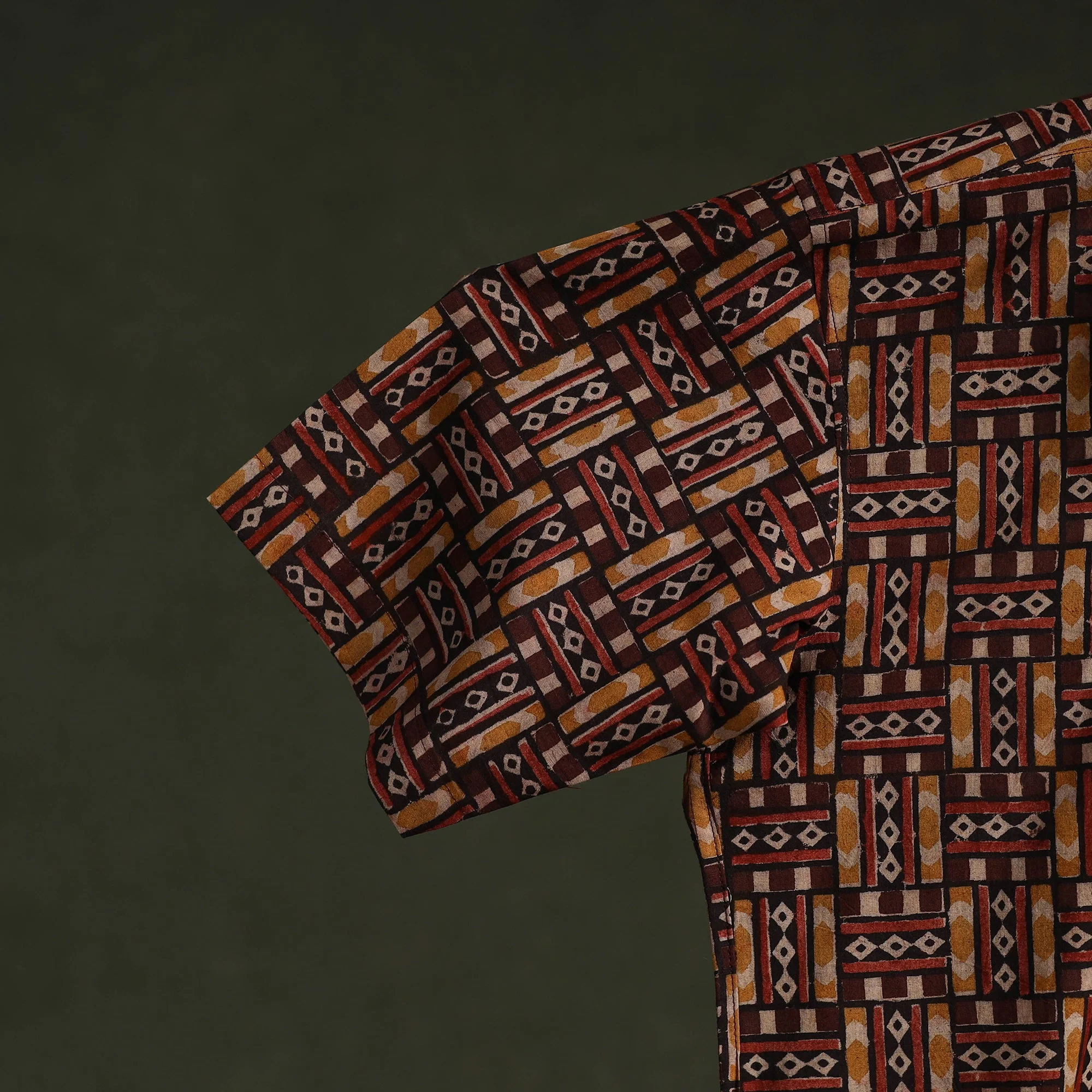 Brown - Pedana Hand Block Print Natural Dyed Cotton Half Sleeve Men Kalamkari Shirt 08 - Image 4