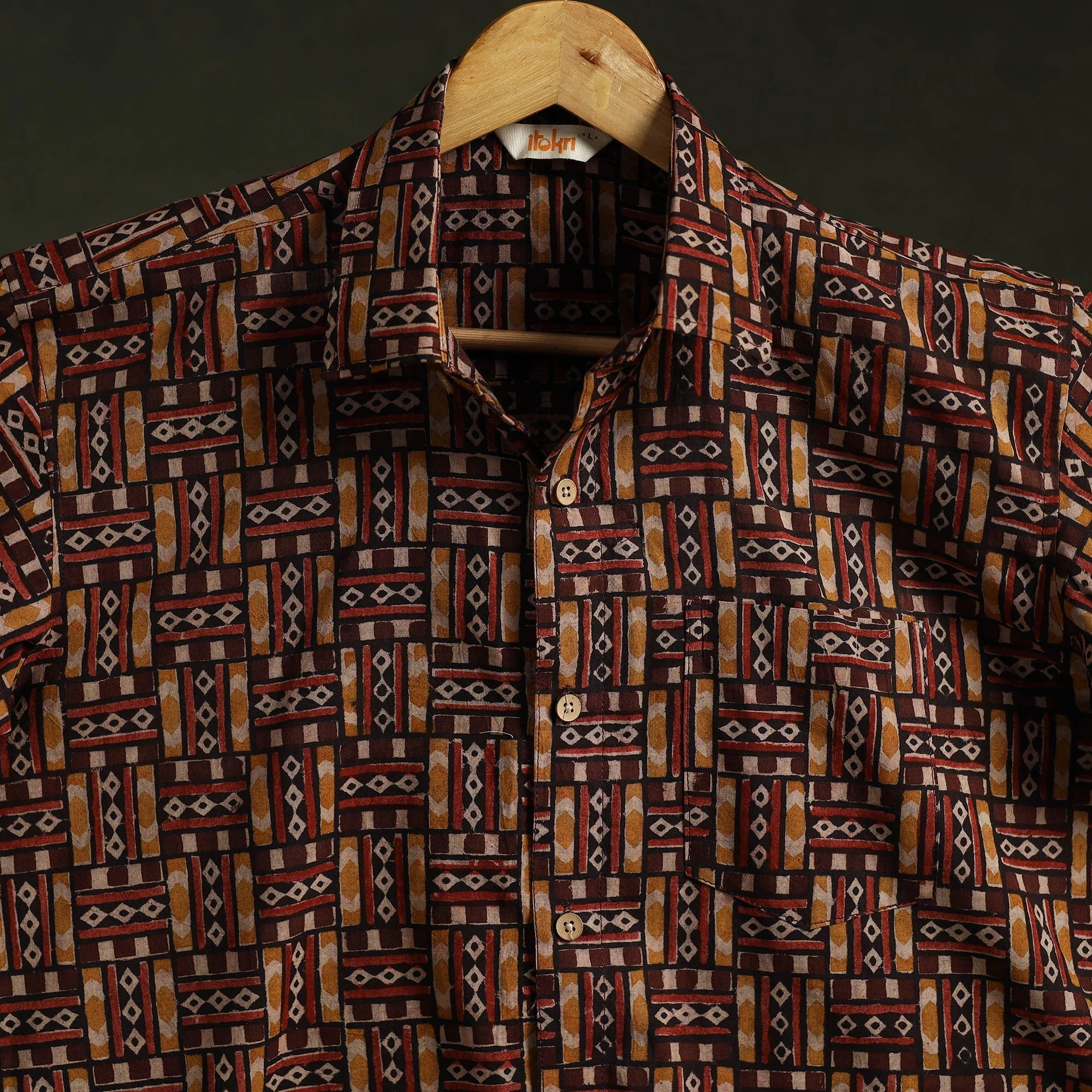Brown - Pedana Hand Block Print Natural Dyed Cotton Half Sleeve Men Kalamkari Shirt 08 - Image 5