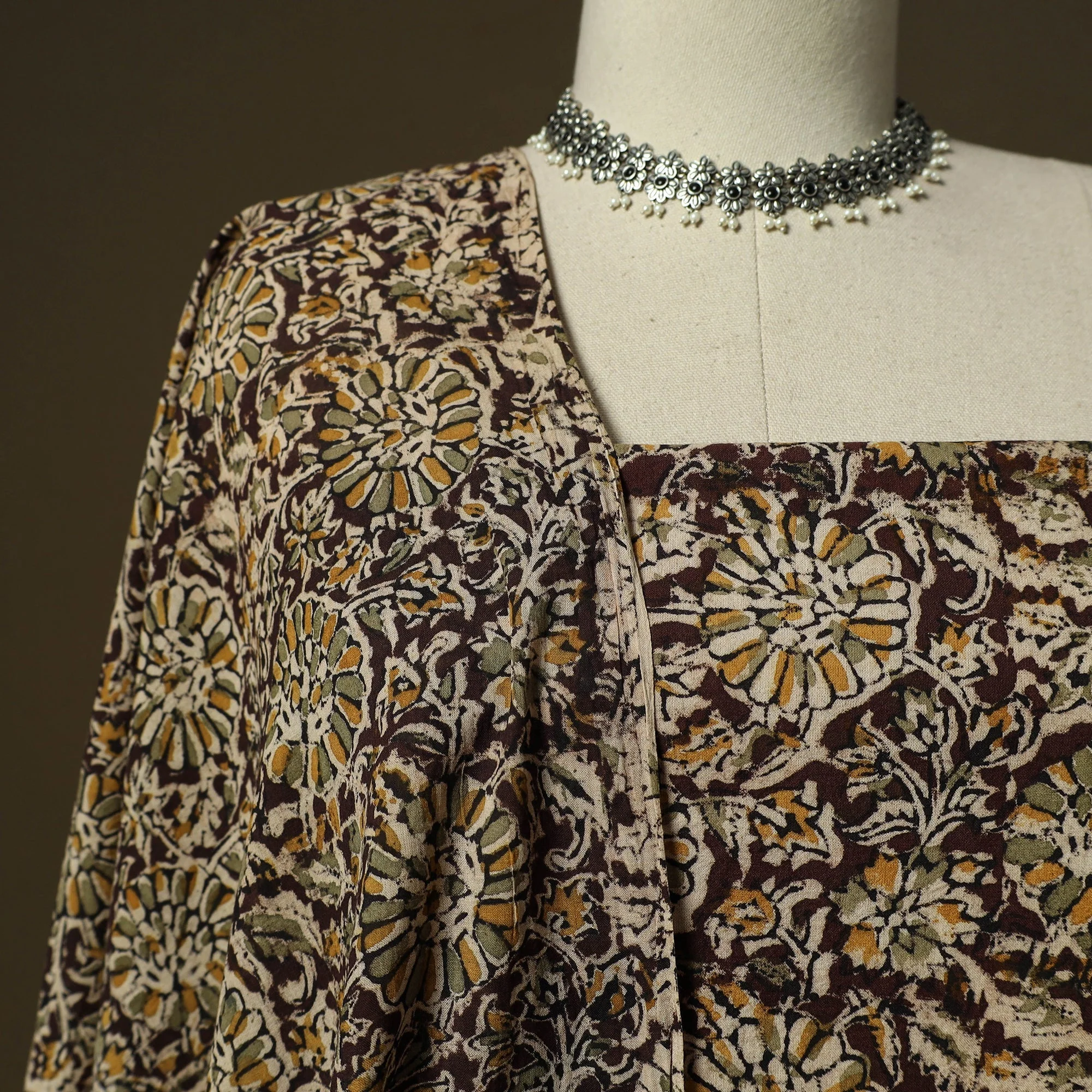 Brown - Pedana Hand Block Print Natural Dyed Cotton Kalamkari 2pc Unstitched Dress Material Kurta Set 13 - Image 3