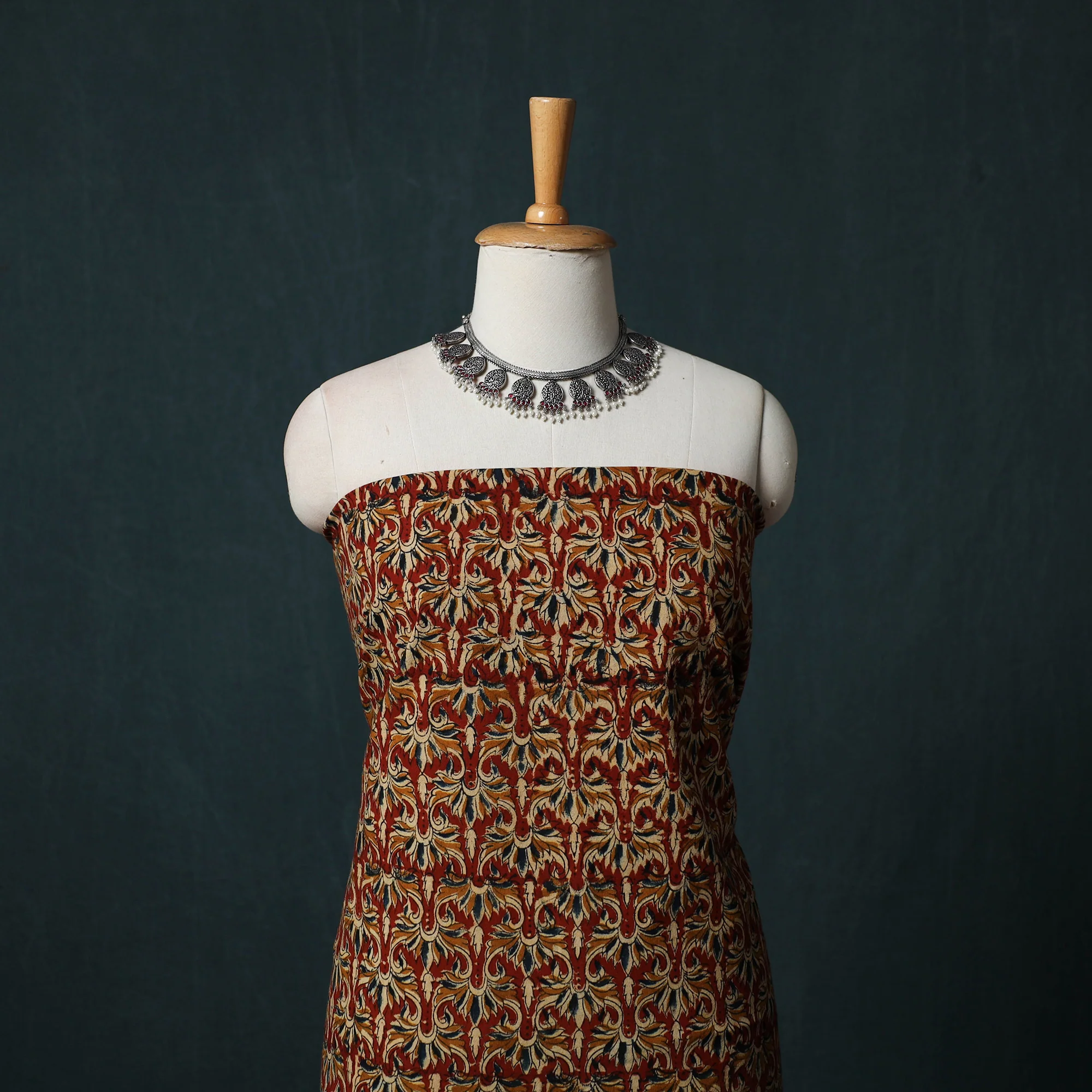 Red - Pedana Hand Block Print Natural Dyed Cotton Kalamkari 2pc Unstitched Dress Material Kurta Set 01 - Image 2