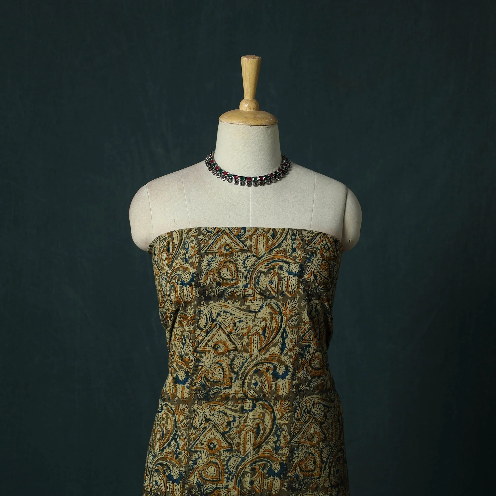 Green - Pedana Hand Block Print Natural Dyed Cotton Kalamkari 2pc Unstitched Dress Material Kurta Set 02 - Image 2