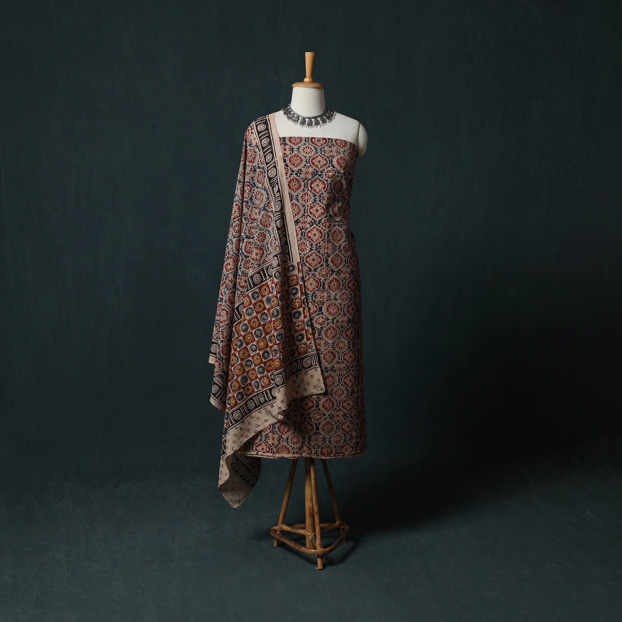 Multicolor - Pedana Hand Block Print Natural Dyed Cotton Kalamkari 2pc Unstitched Dress Material Kurta Set 03