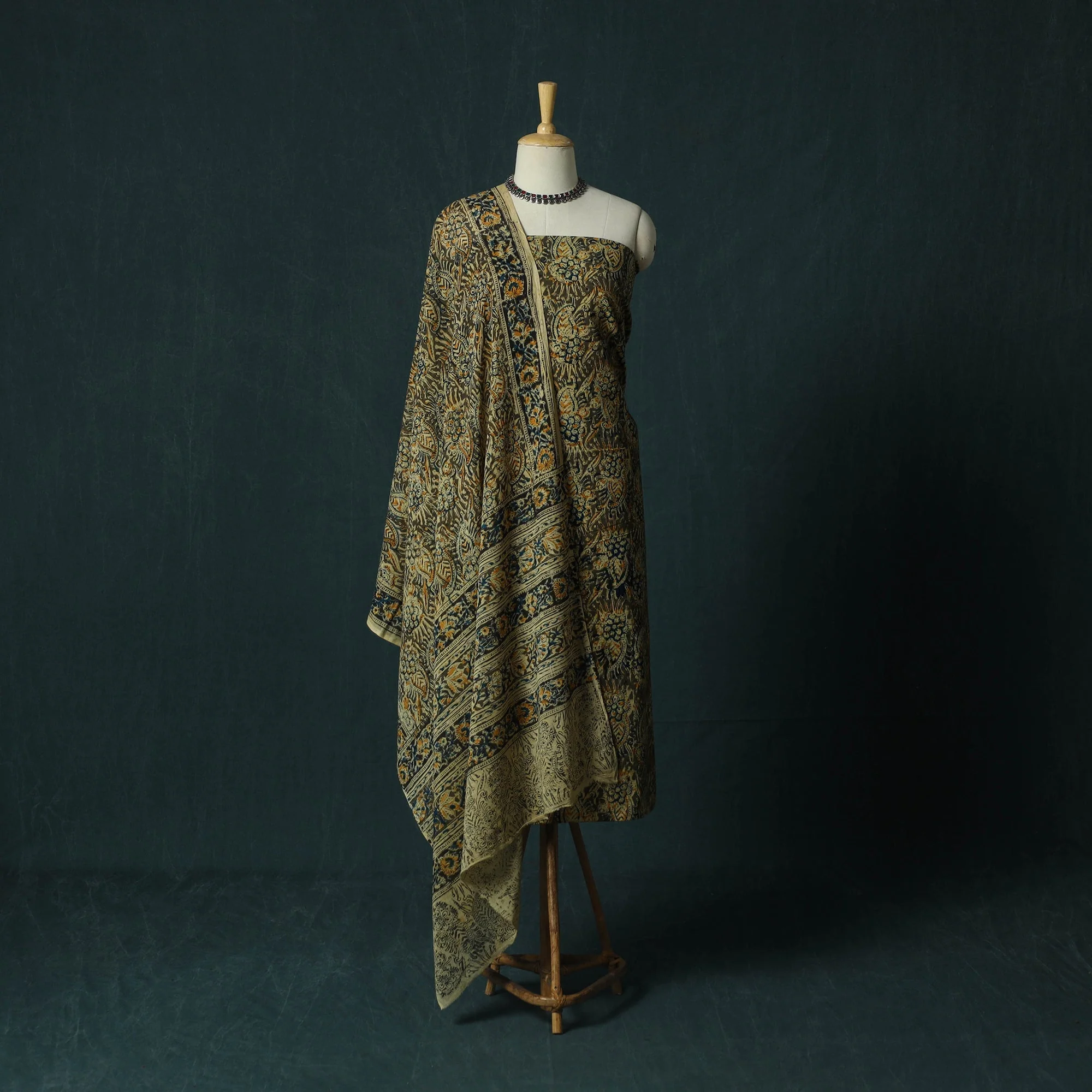 Green - Pedana Hand Block Print Natural Dyed Cotton Kalamkari 2pc Unstitched Dress Material Kurta Set 04