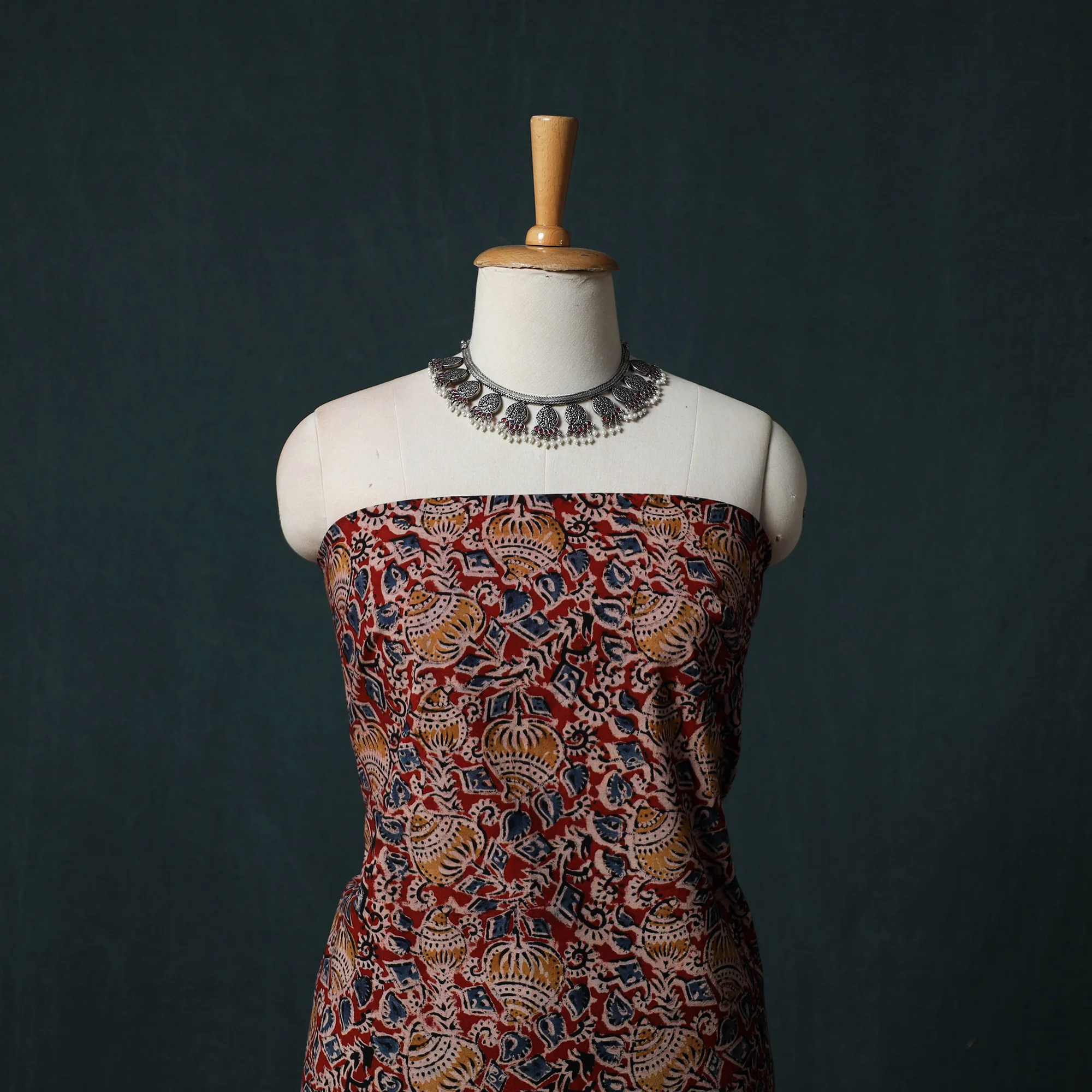 Red - Pedana Hand Block Print Natural Dyed Cotton Kalamkari 2pc Unstitched Dress Material Kurta Set 12 - Image 2