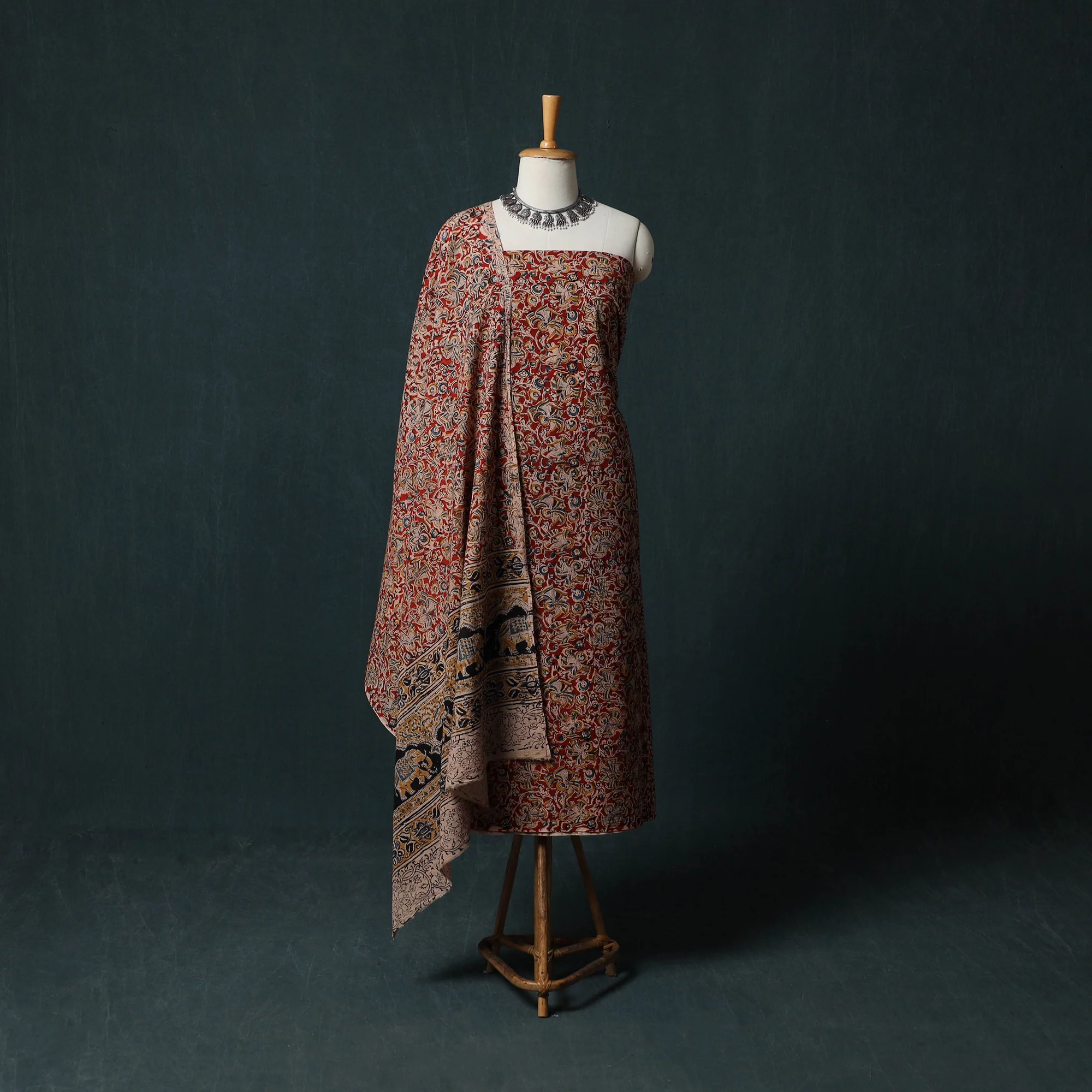 Red - Pedana Hand Block Print Natural Dyed Cotton Kalamkari 2pc Unstitched Dress Material Kurta Set 13