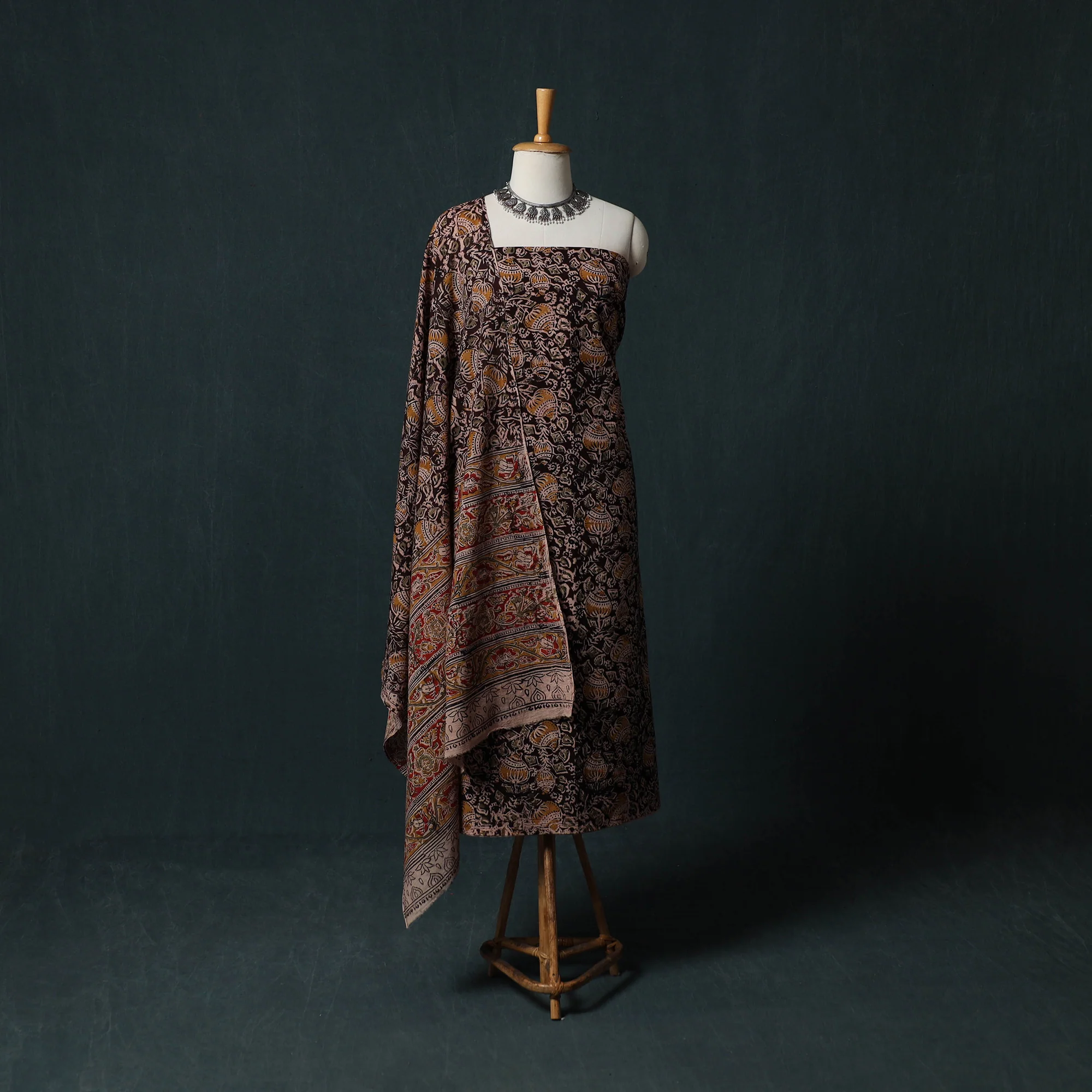 Black - Pedana Hand Block Print Natural Dyed Cotton Kalamkari 2pc Unstitched Dress Material Kurta Set 15