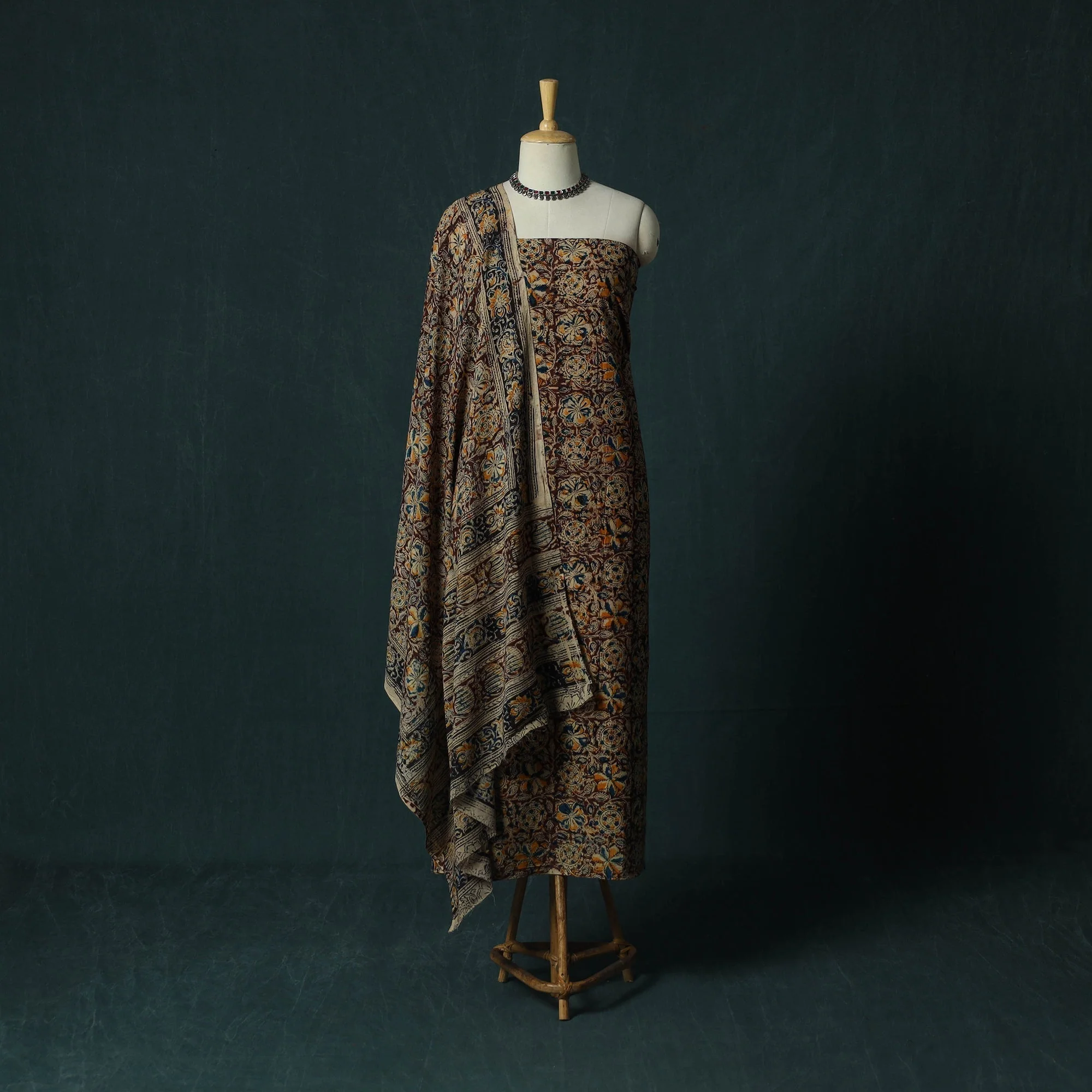 Maroon - Pedana Hand Block Print Natural Dyed Cotton Kalamkari 2pc Unstitched Dress Material Kurta Set 17