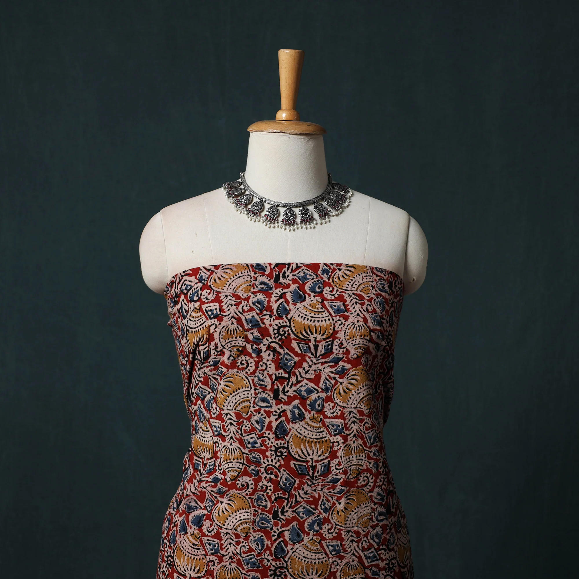 Red - Pedana Hand Block Print Natural Dyed Cotton Kalamkari 2pc Unstitched Dress Material Kurta Set 18 - Image 2