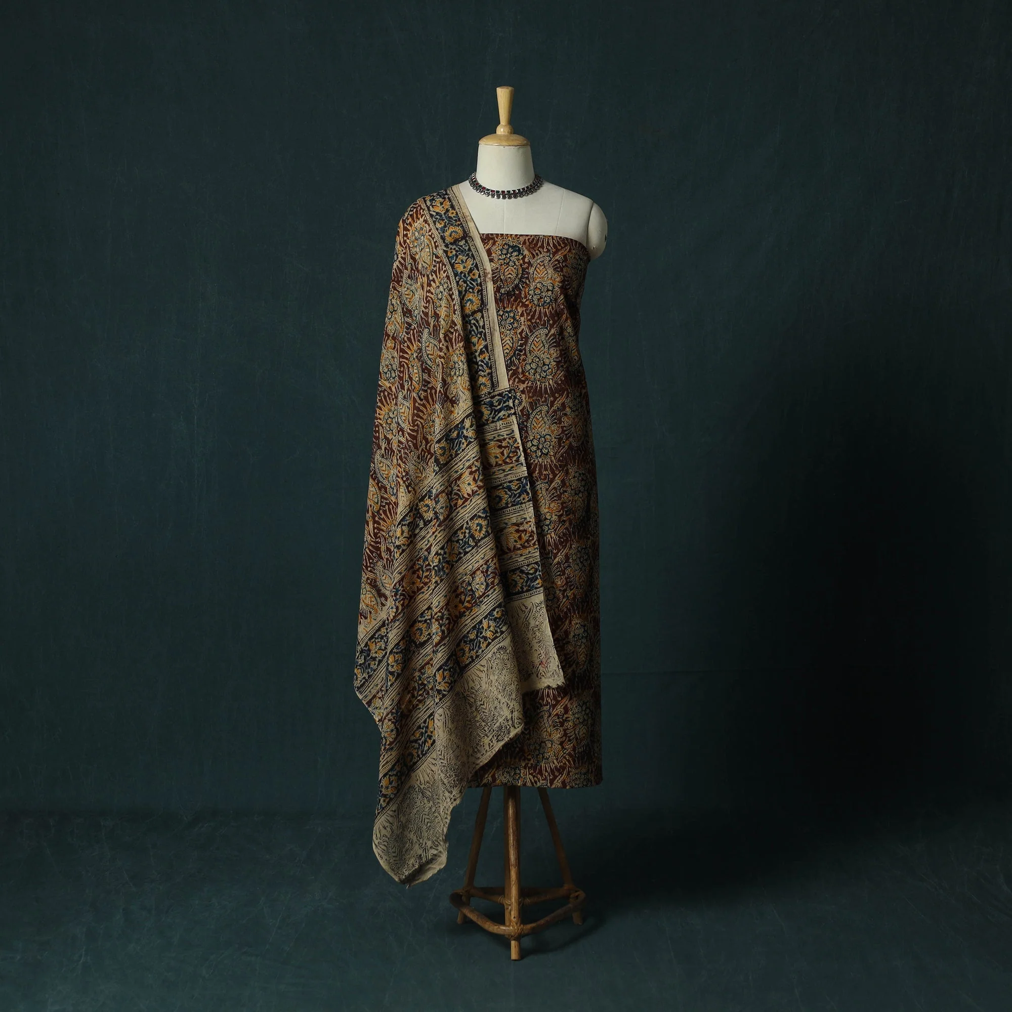 Maroon - Pedana Hand Block Print Natural Dyed Cotton Kalamkari 2pc Unstitched Dress Material Kurta Set 19