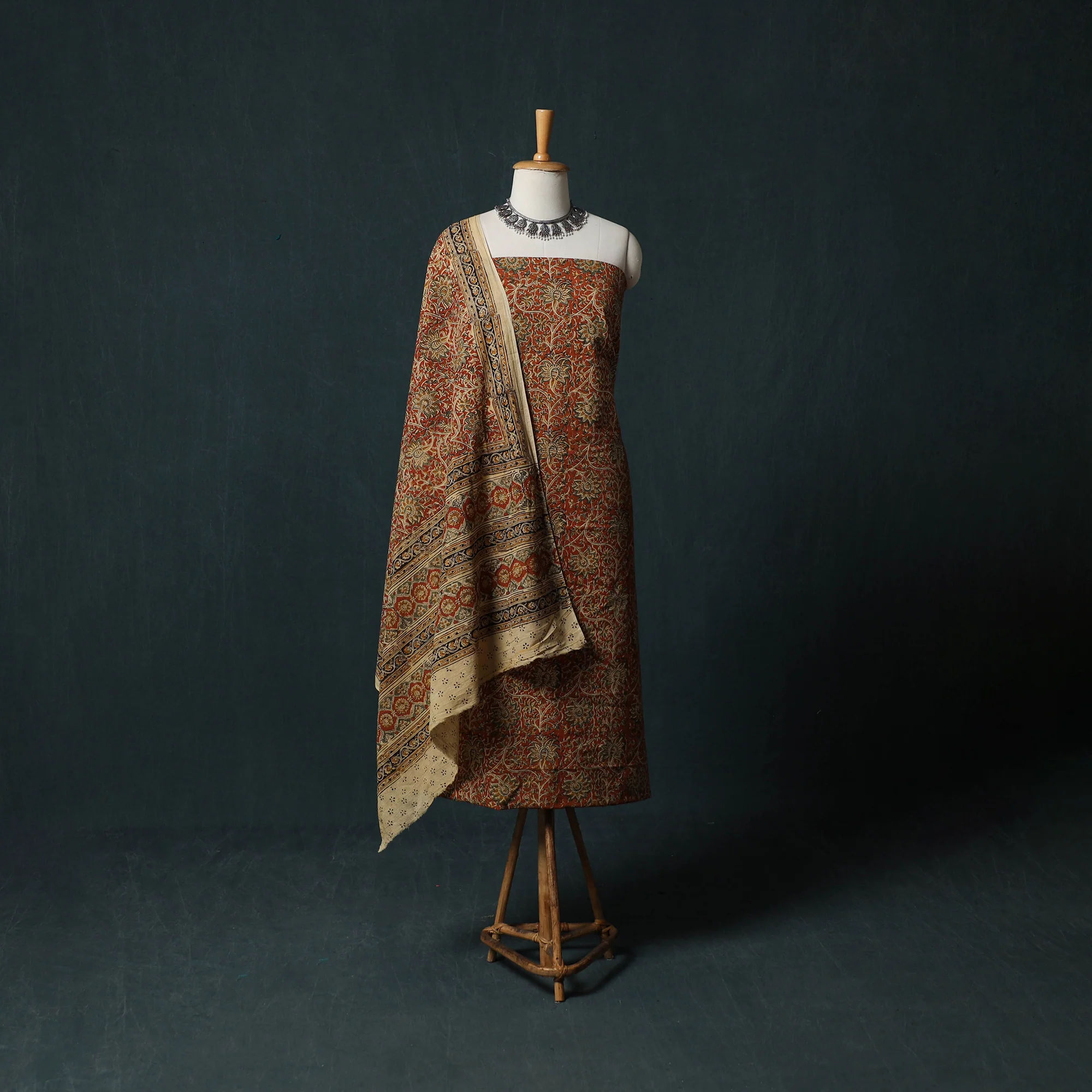 Orange - Pedana Hand Block Print Natural Dyed Cotton Kalamkari 2pc Unstitched Dress Material Kurta Set 20