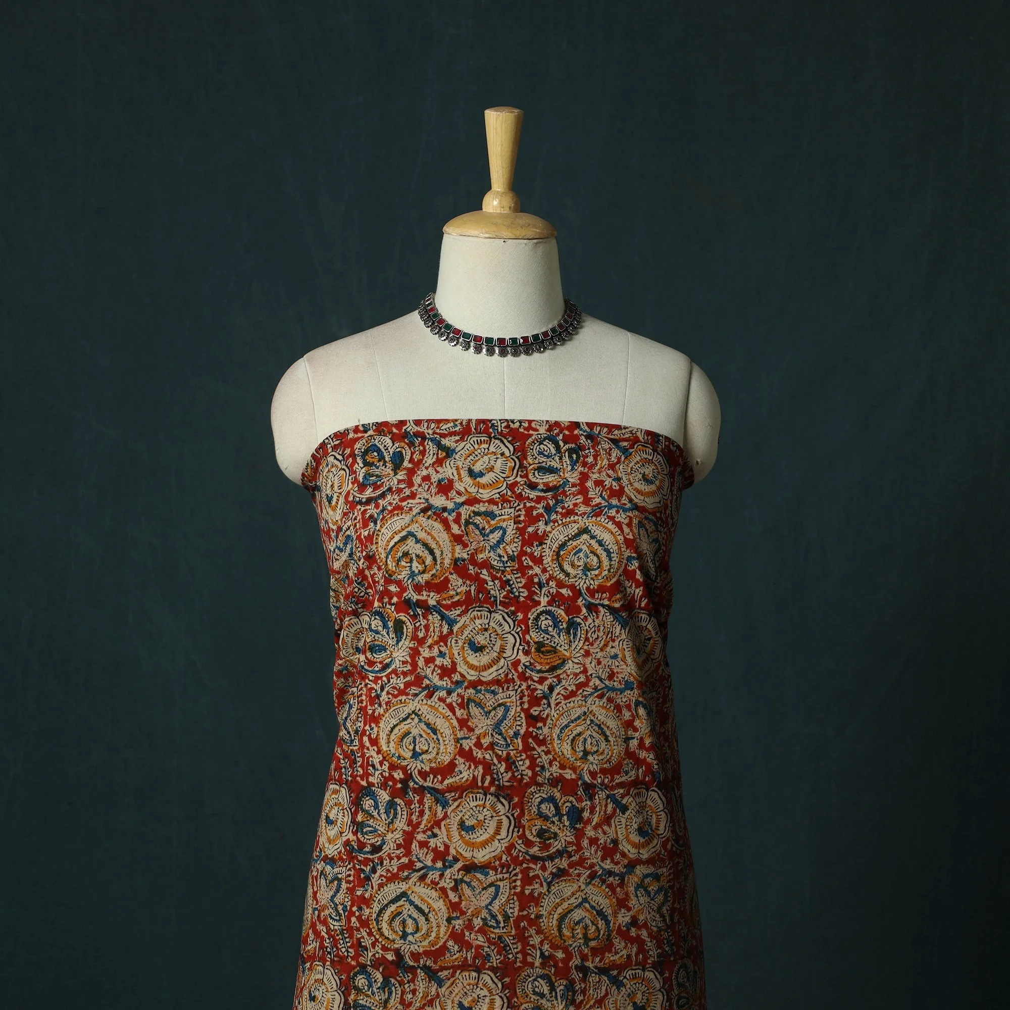 Red - Pedana Hand Block Print Natural Dyed Cotton Kalamkari 2pc Unstitched Dress Material Kurta Set 25 - Image 2