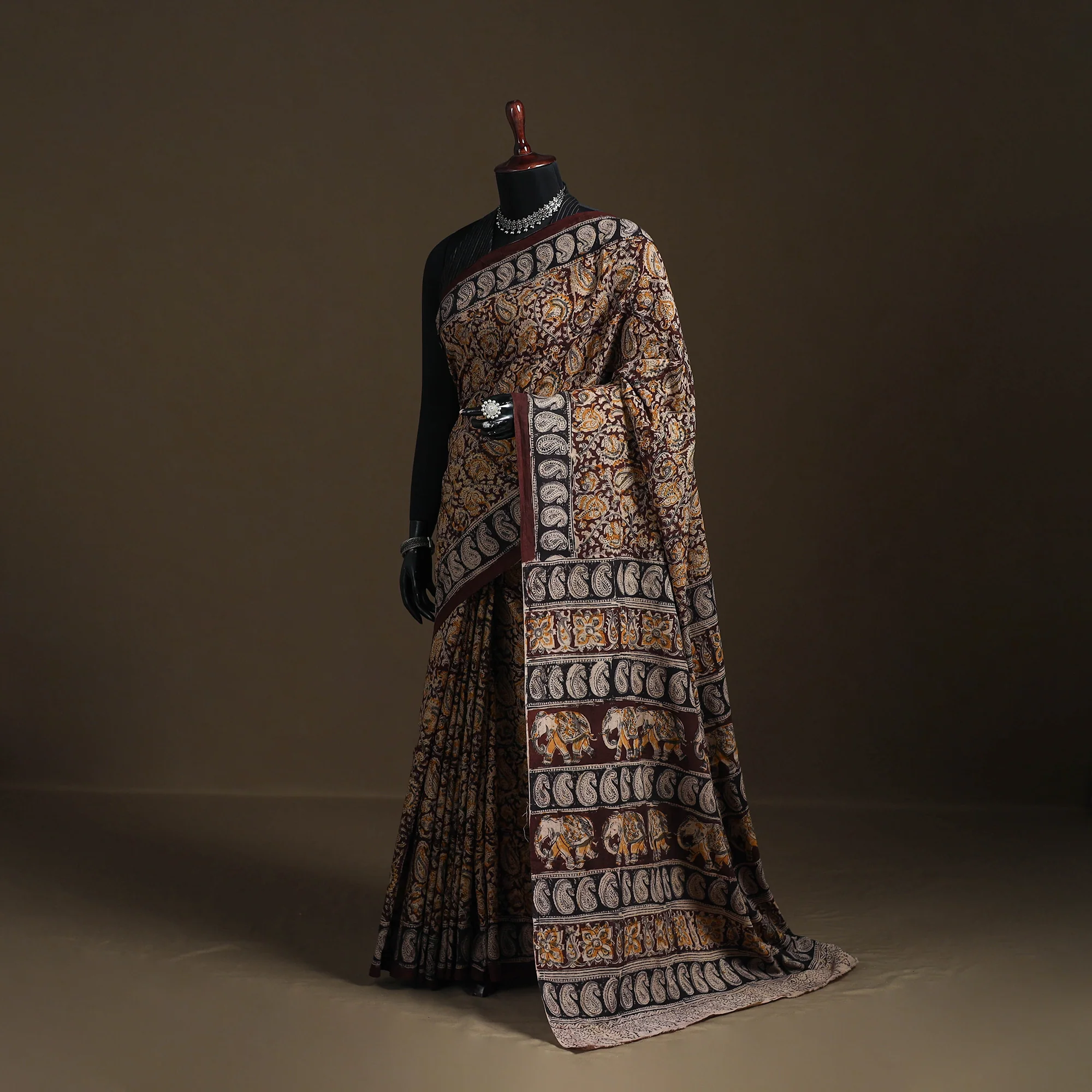 Maroon - Pedana Hand Block Print Natural Dyed Cotton Kalamkari Saree 08