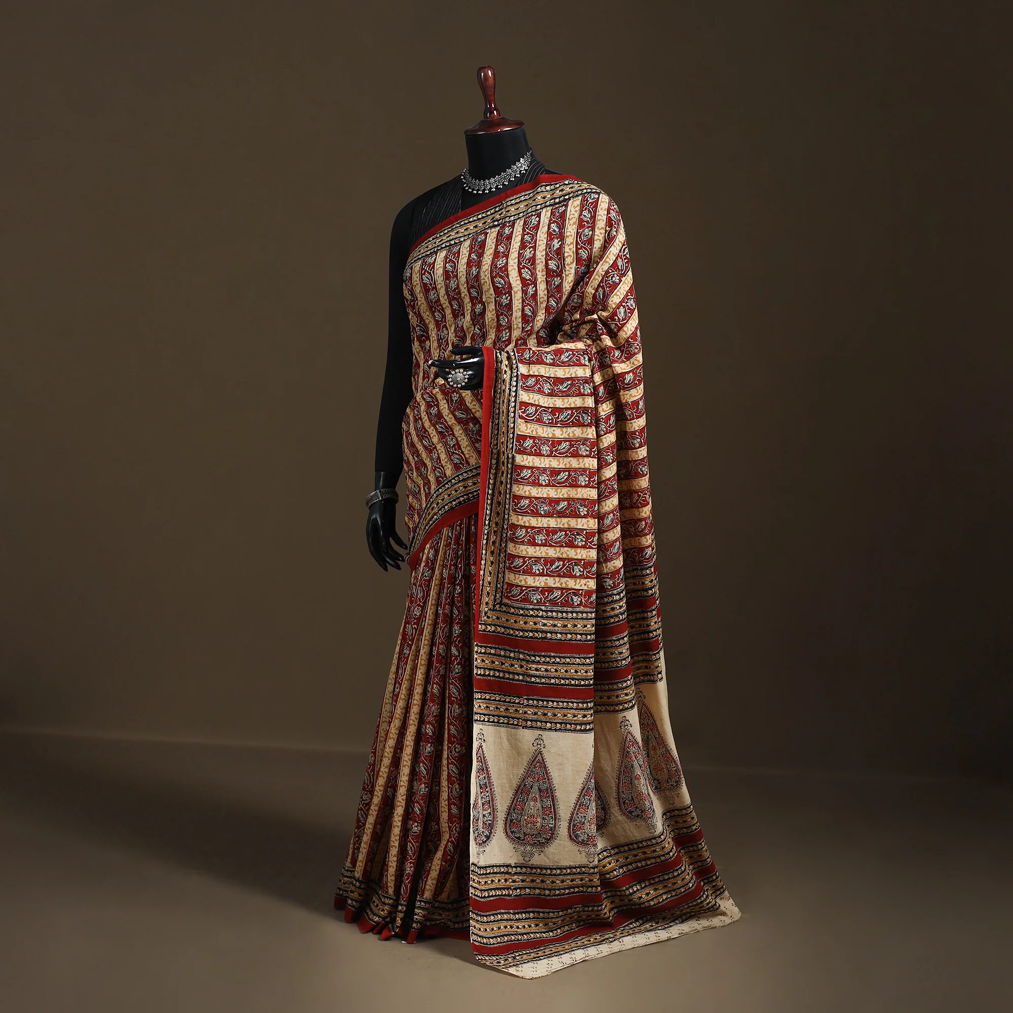 Red - Pedana Hand Block Print Natural Dyed Cotton Kalamkari Saree 41