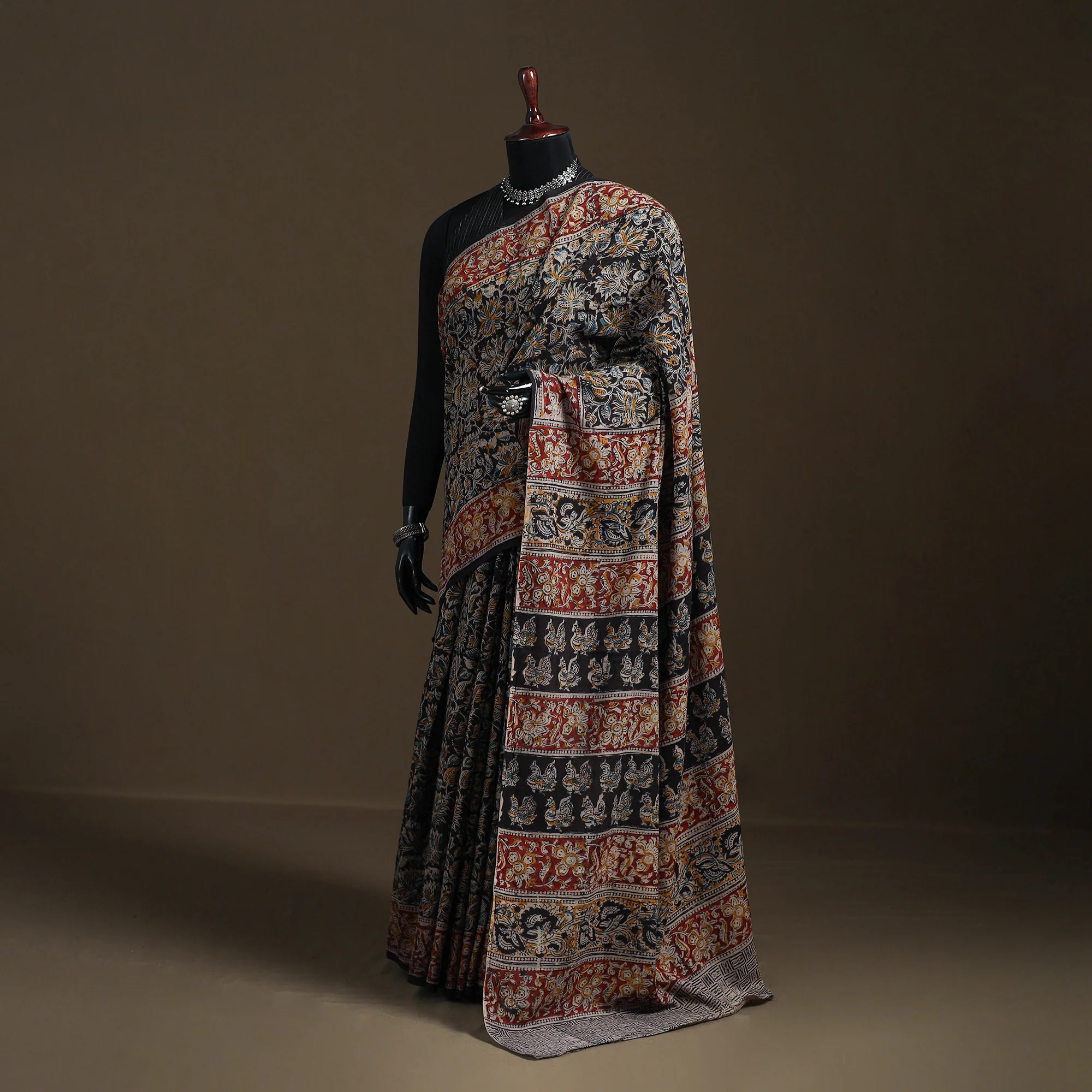 Black - Pedana Hand Block Print Natural Dyed Cotton Kalamkari Saree 51