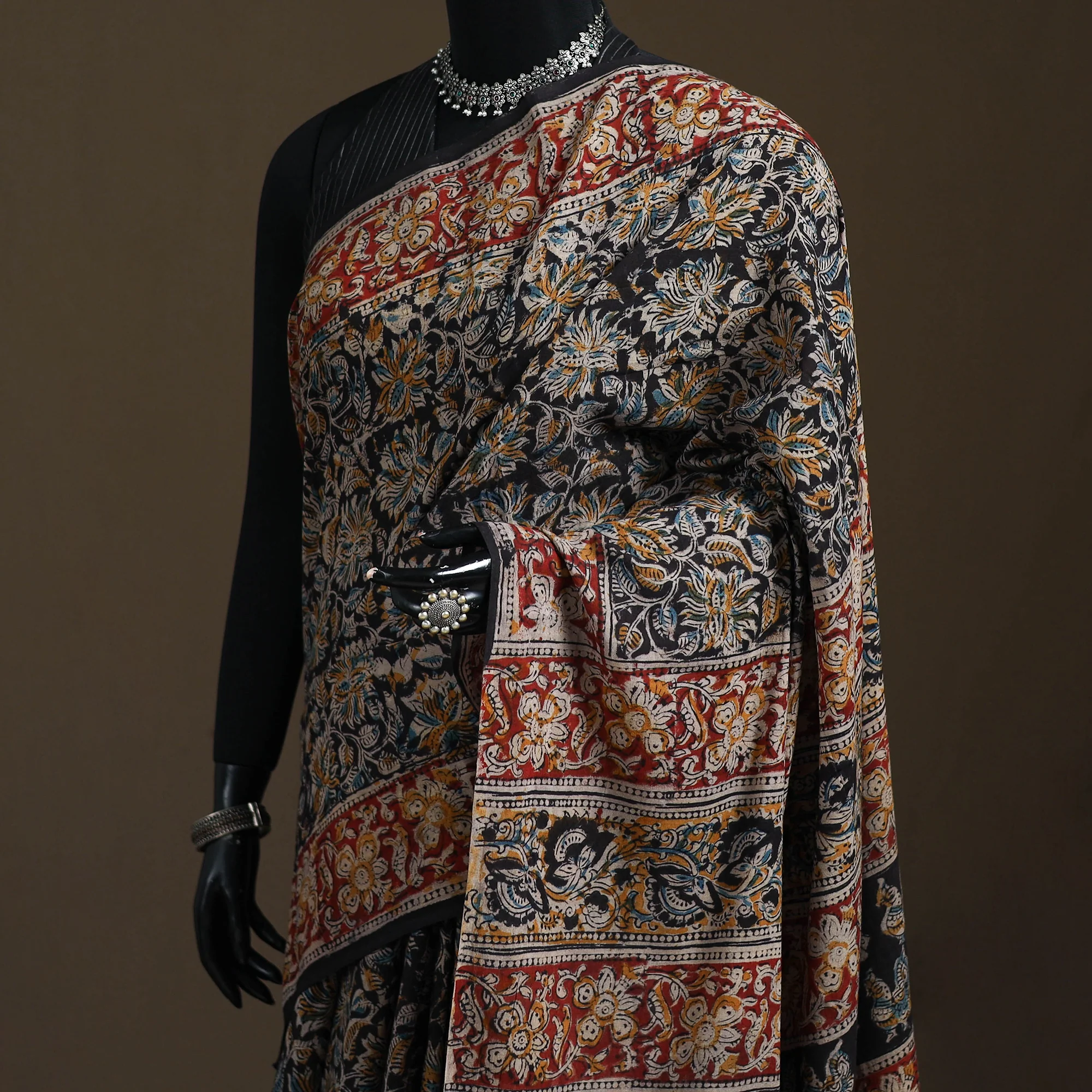 Black - Pedana Hand Block Print Natural Dyed Cotton Kalamkari Saree 51 - Image 2