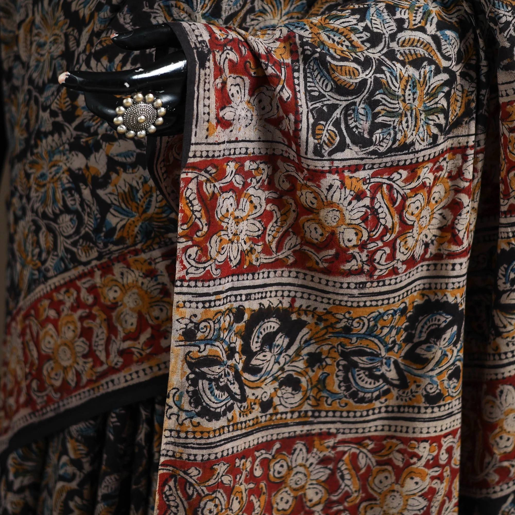 Black - Pedana Hand Block Print Natural Dyed Cotton Kalamkari Saree 51 - Image 3