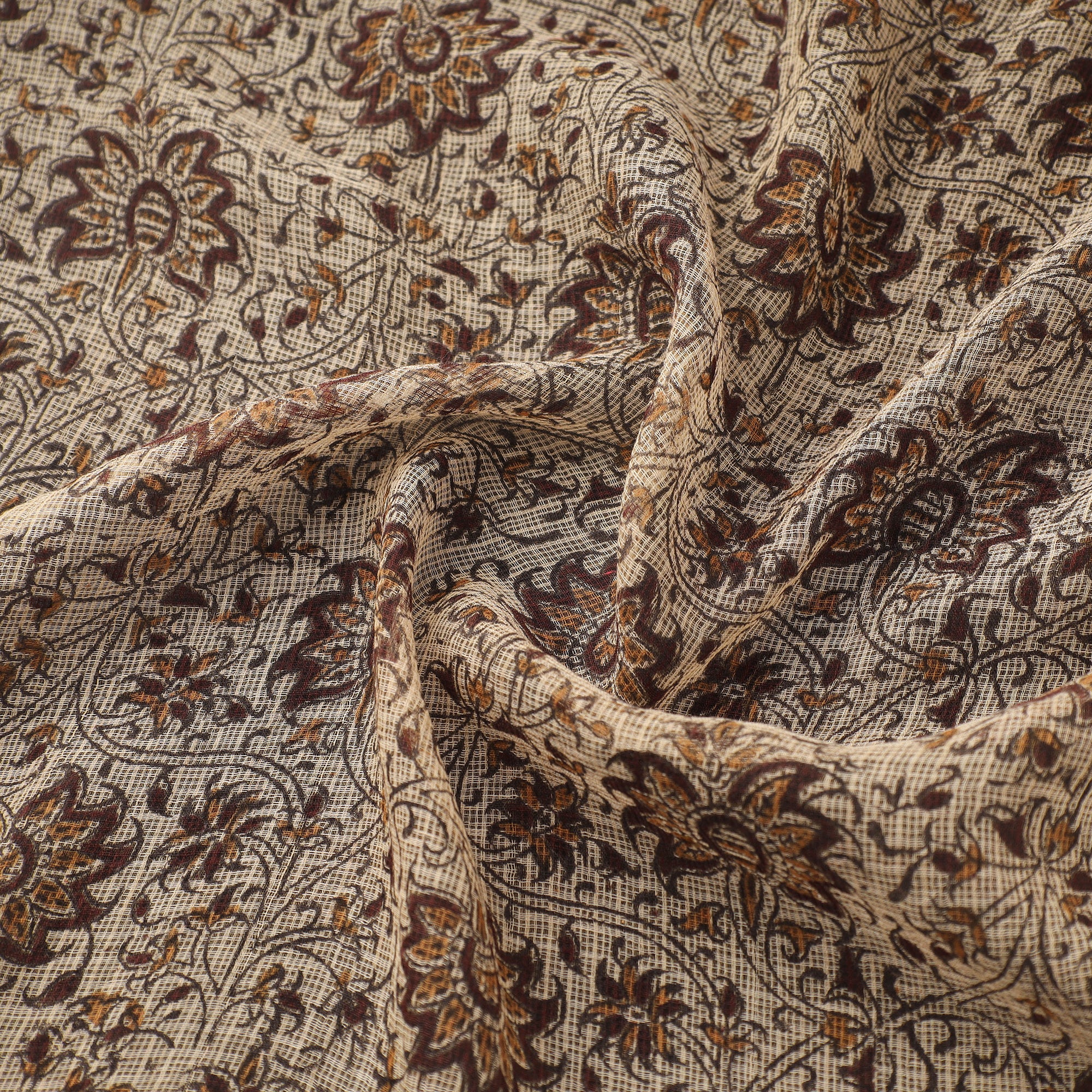 Beige - Pedana Hand Block Print Natural Dyed Kota Doria Cotton Kalamkari Fabric 01 - Image 3