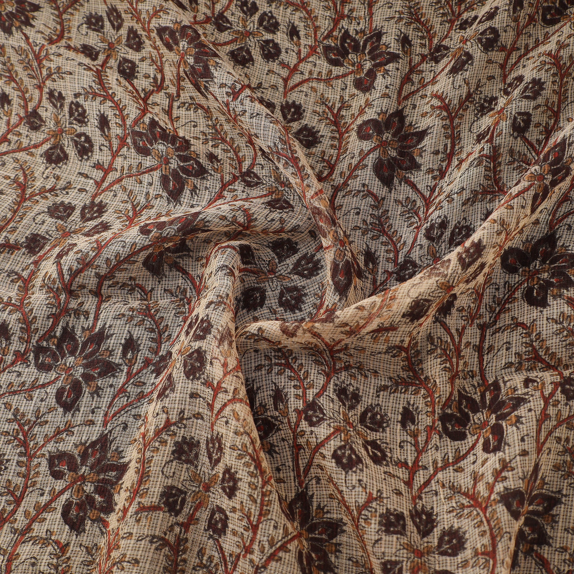 Beige - Pedana Hand Block Print Natural Dyed Kota Doria Cotton Kalamkari Fabric 08 - Image 3