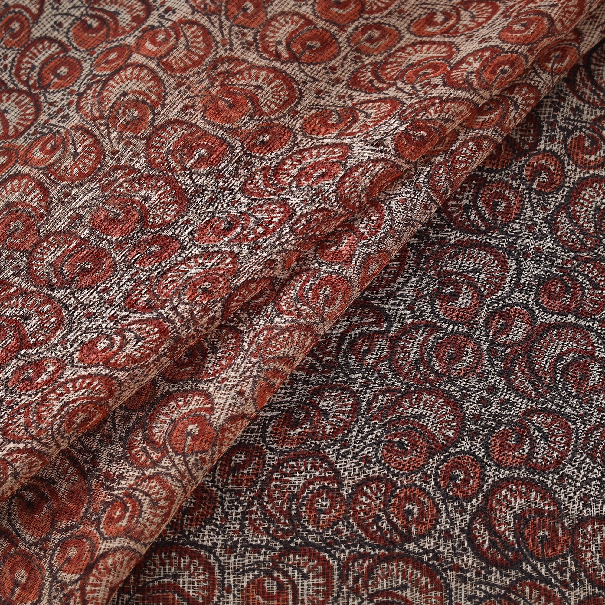 Orange - Pedana Hand Block Print Natural Dyed Kota Doria Cotton Kalamkari Fabric 09