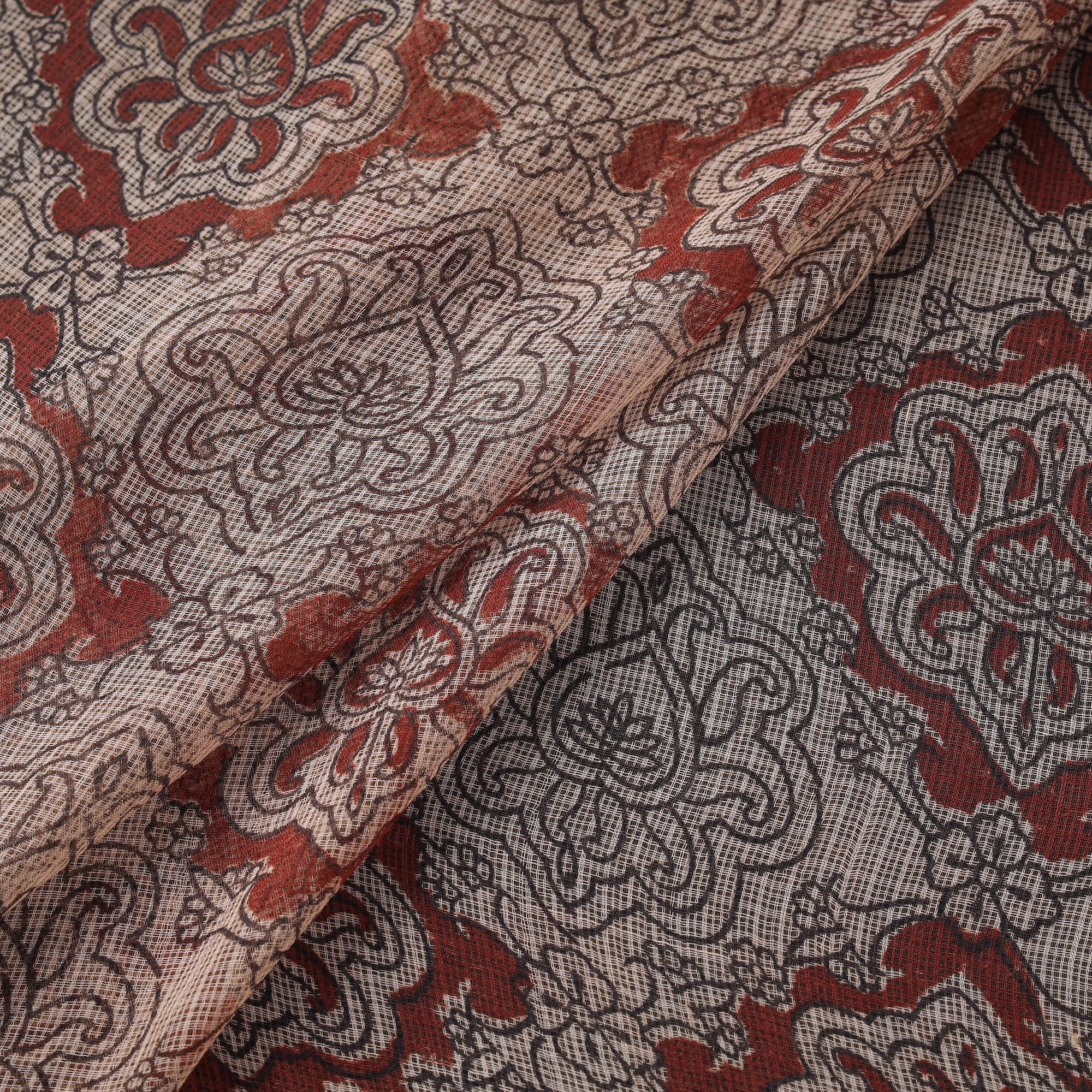 Beige - Pedana Hand Block Print Natural Dyed Kota Doria Cotton Kalamkari Fabric 10