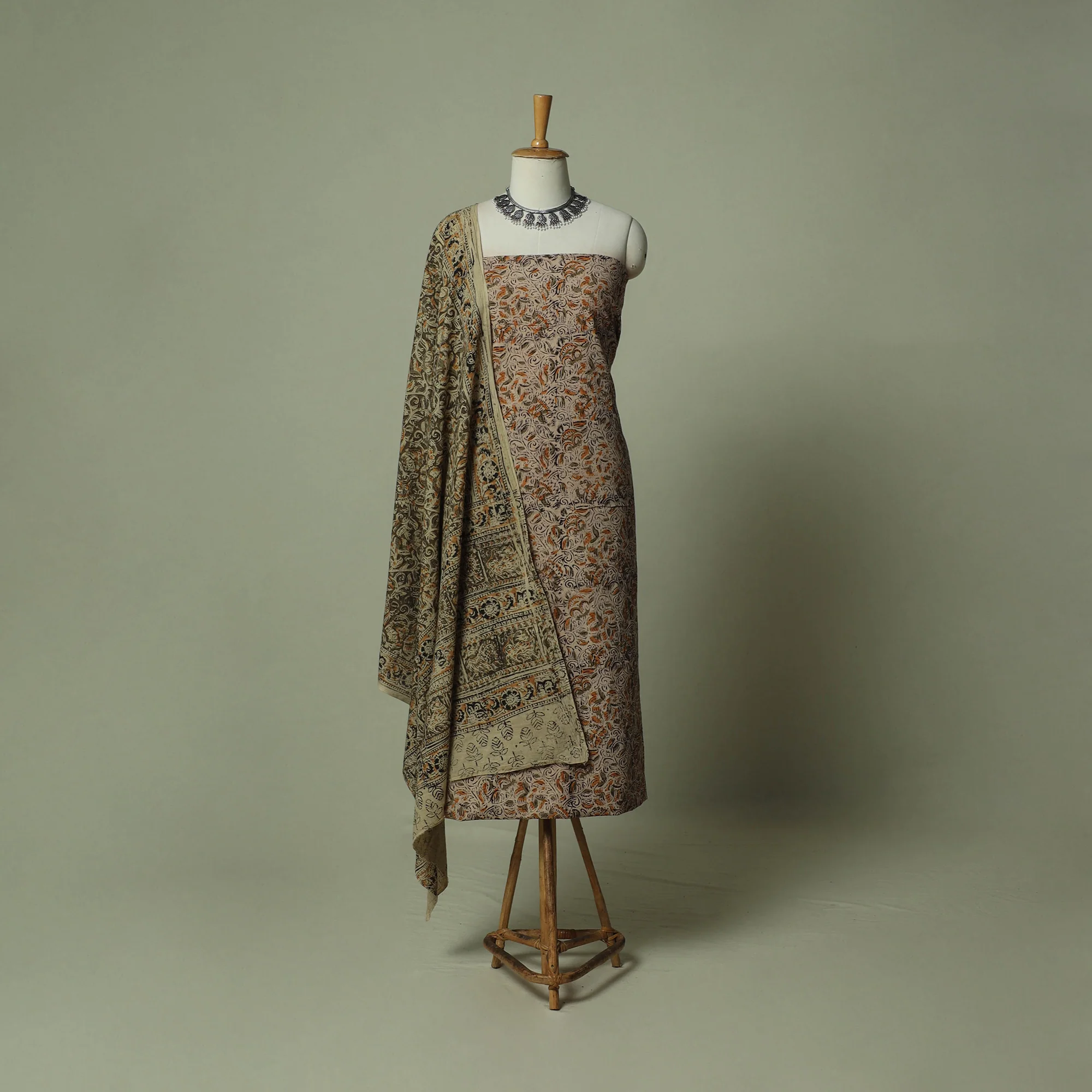 Pedana Kalamkari Hand Block Print Natural Dyed Cotton 3pc Unstitched Dress Material Suit Set 07