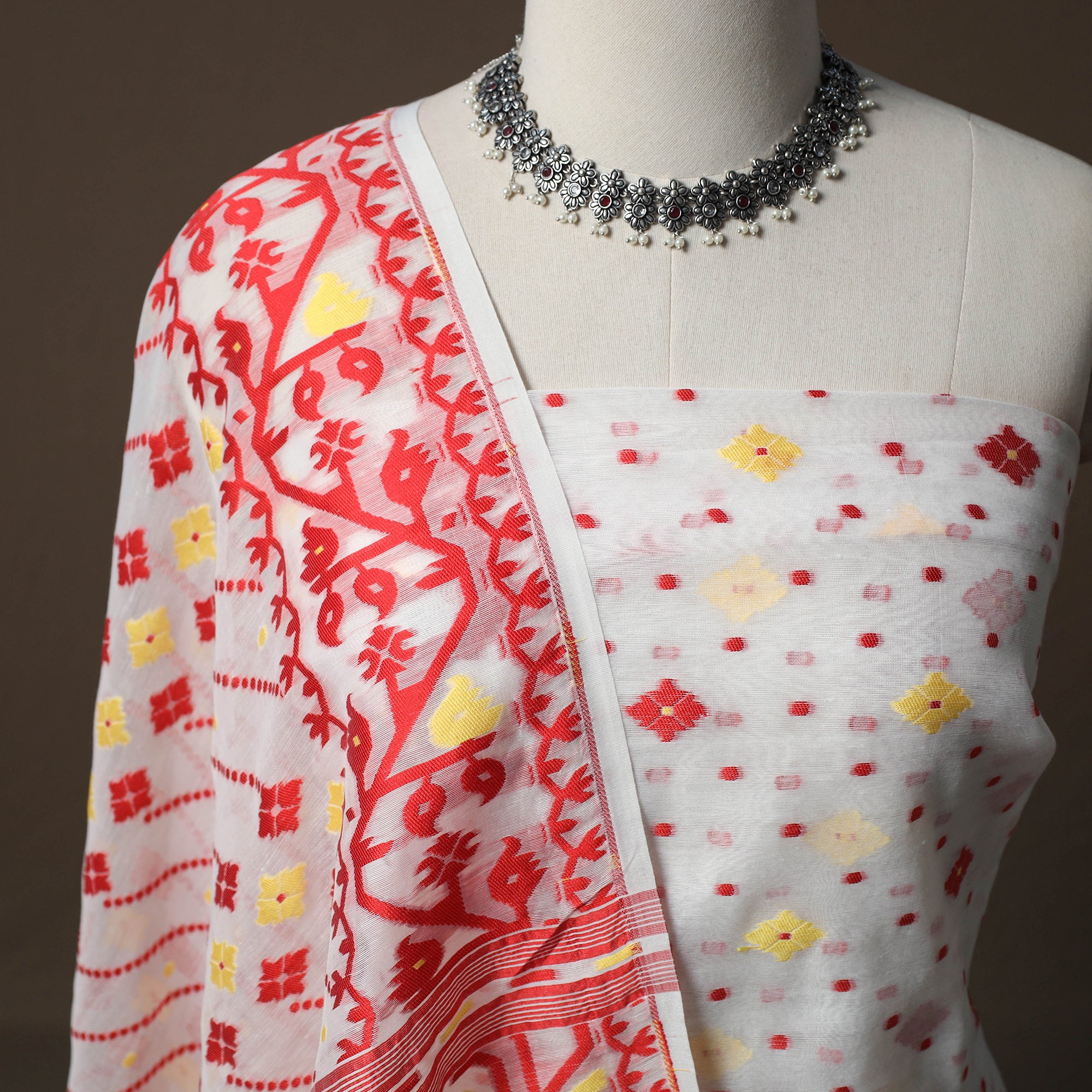 Phulia Jamdani Silk Cotton 2pc Unstitched Dress Material Kurta Set 30 - Image 3