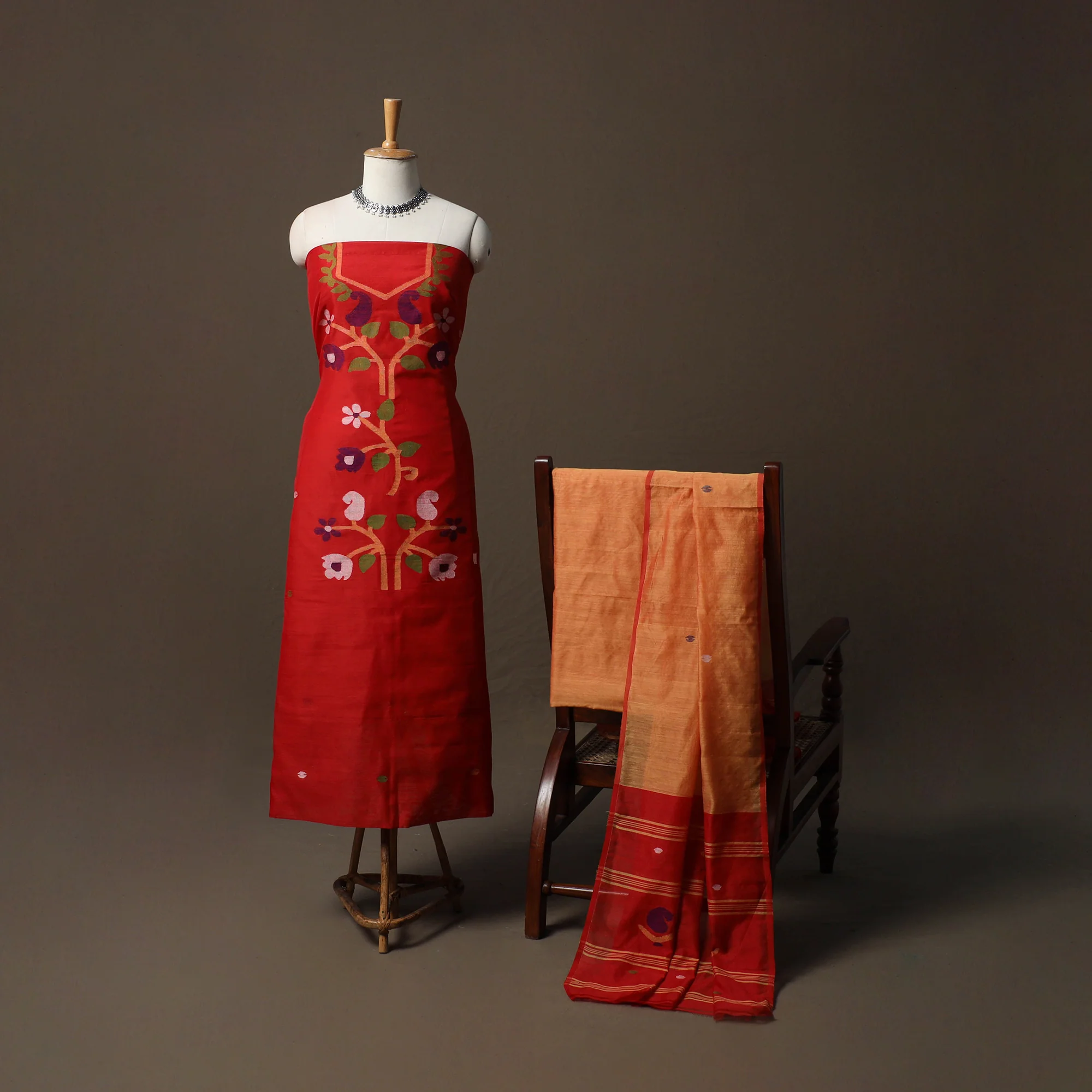 Phulia Jamdani Silk Cotton 3pc Unstitched Dress Material Suit Set 42 - Image 2