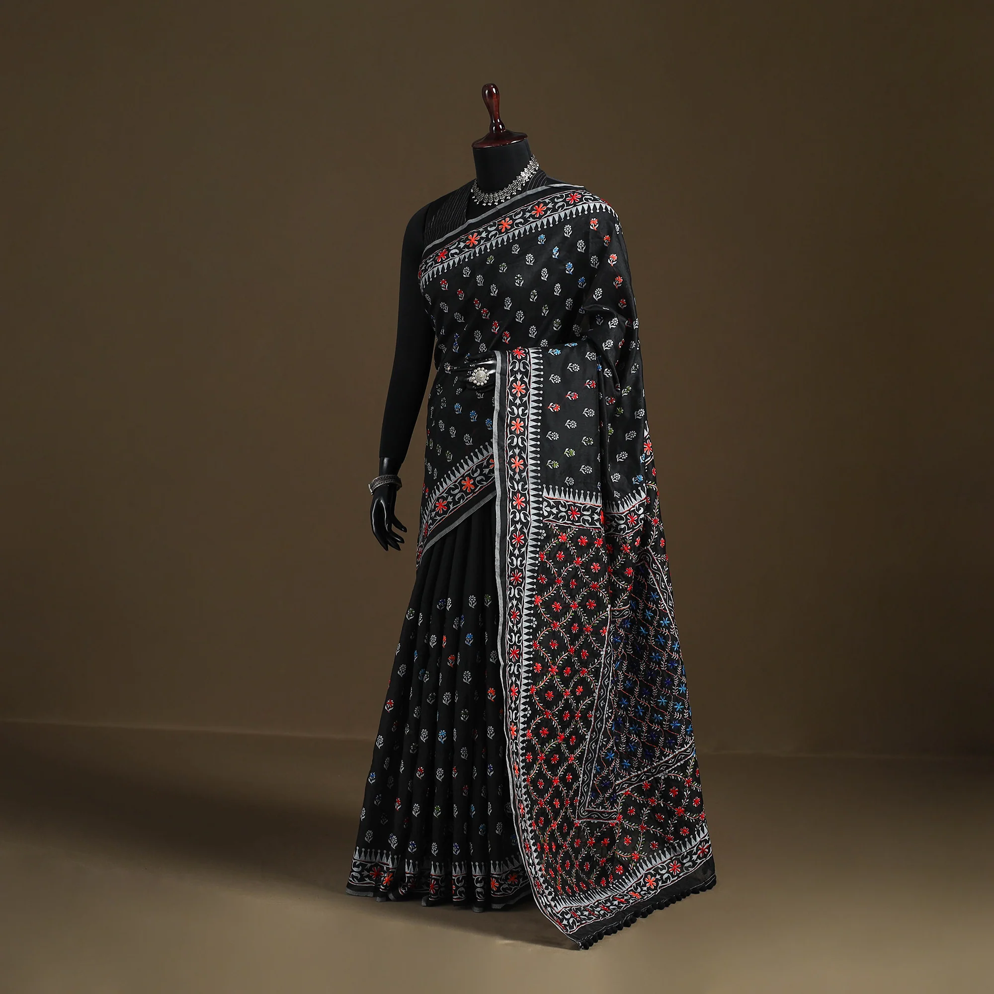 Black - Phulkari Hand Embroidered Chanderi Silk Chapa Work Saree 02