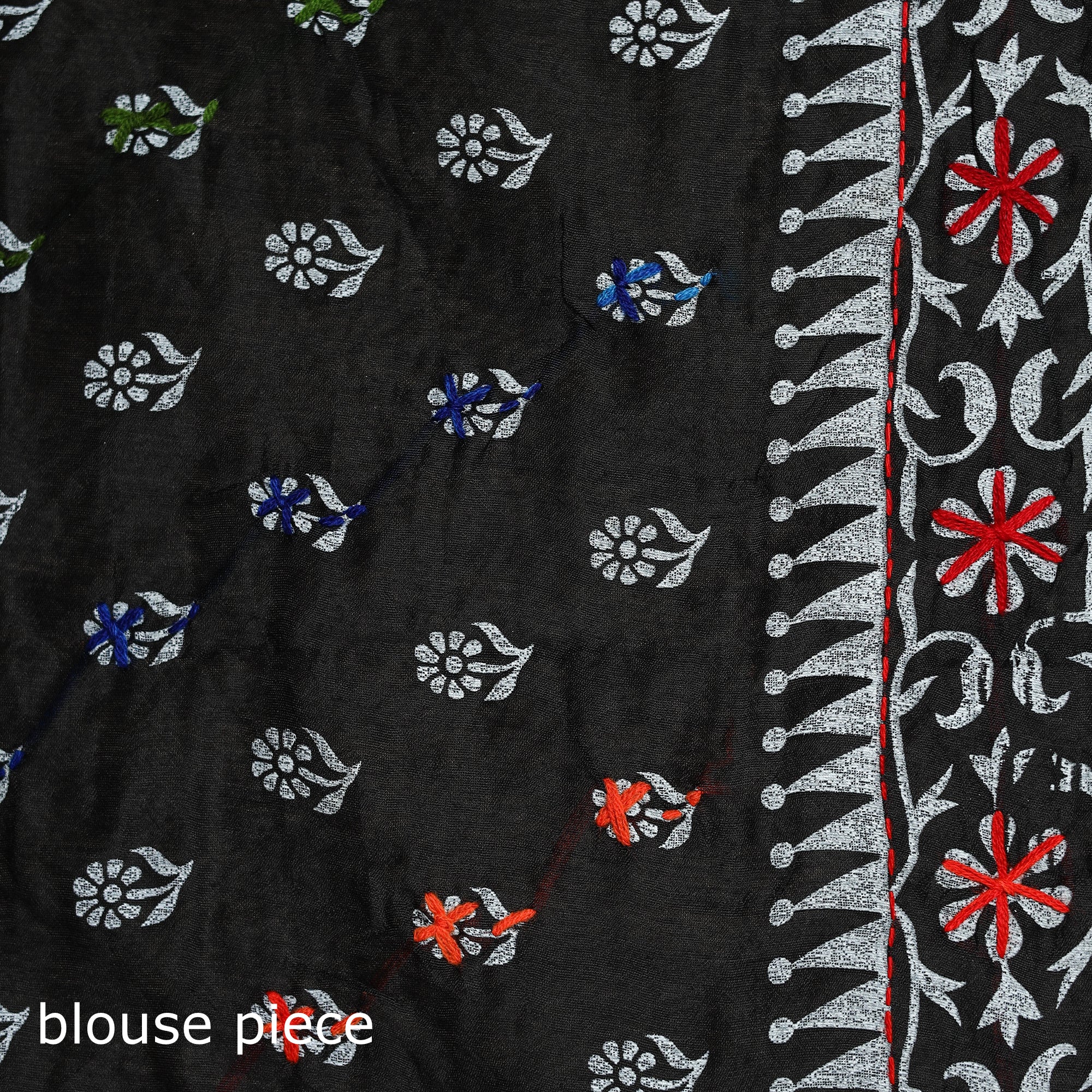 Black - Phulkari Hand Embroidered Chanderi Silk Chapa Work Saree 02 - Image 5