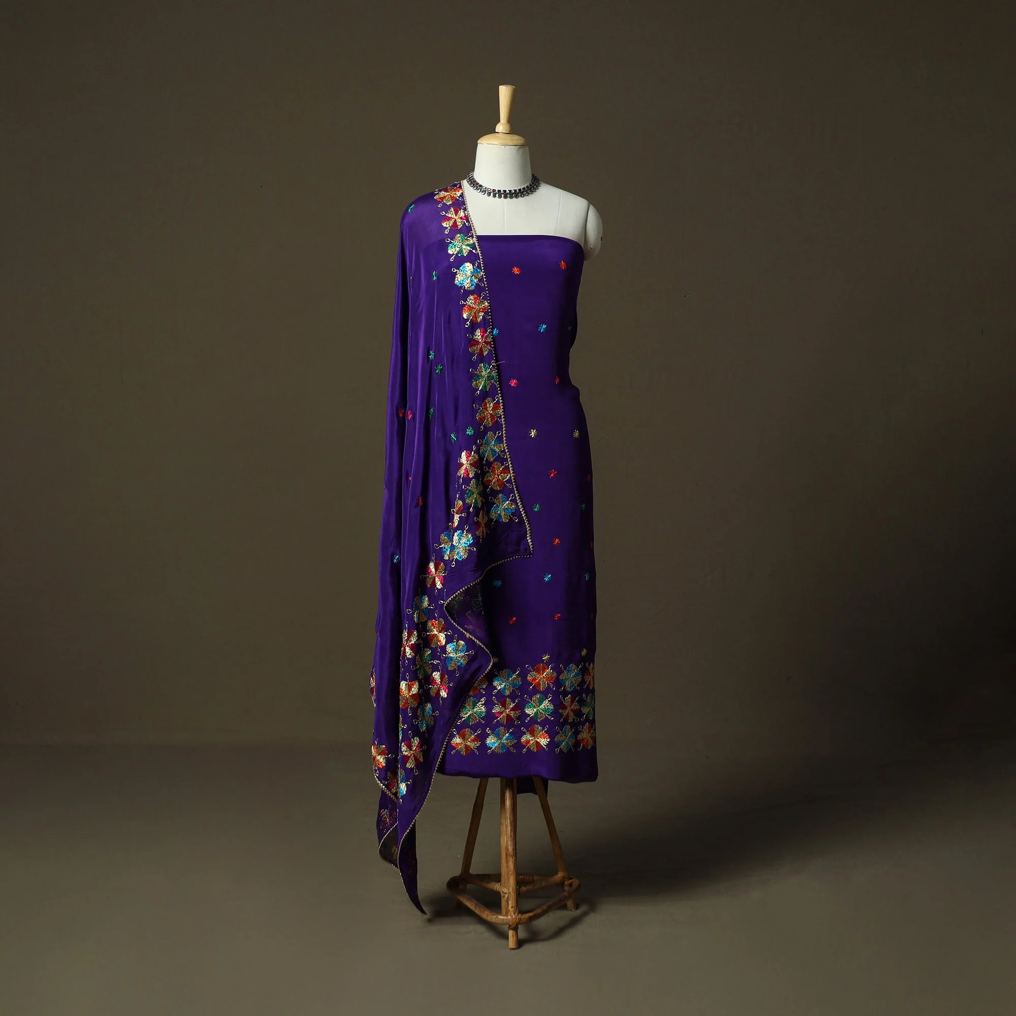 Purple - Phulkari Hand Embroidered Crepe Silk 3pc Unstitched Dress Material 01