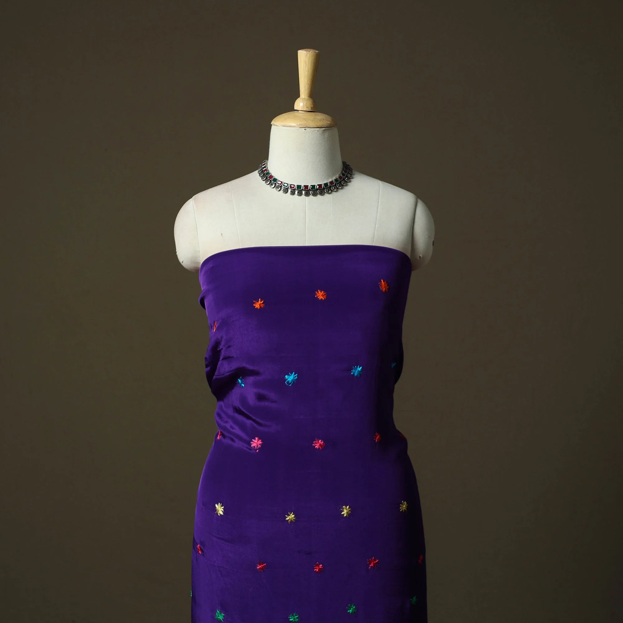 Purple - Phulkari Hand Embroidered Crepe Silk 3pc Unstitched Dress Material 01 - Image 2