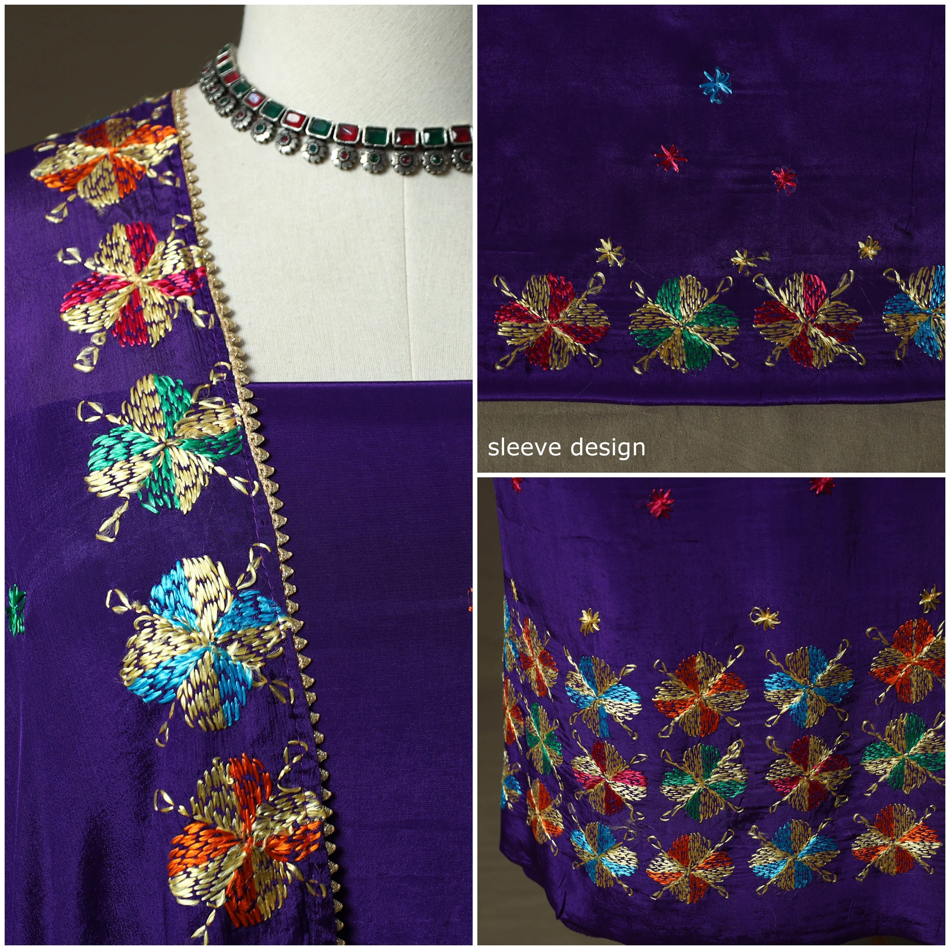 Purple - Phulkari Hand Embroidered Crepe Silk 3pc Unstitched Dress Material 01 - Image 3