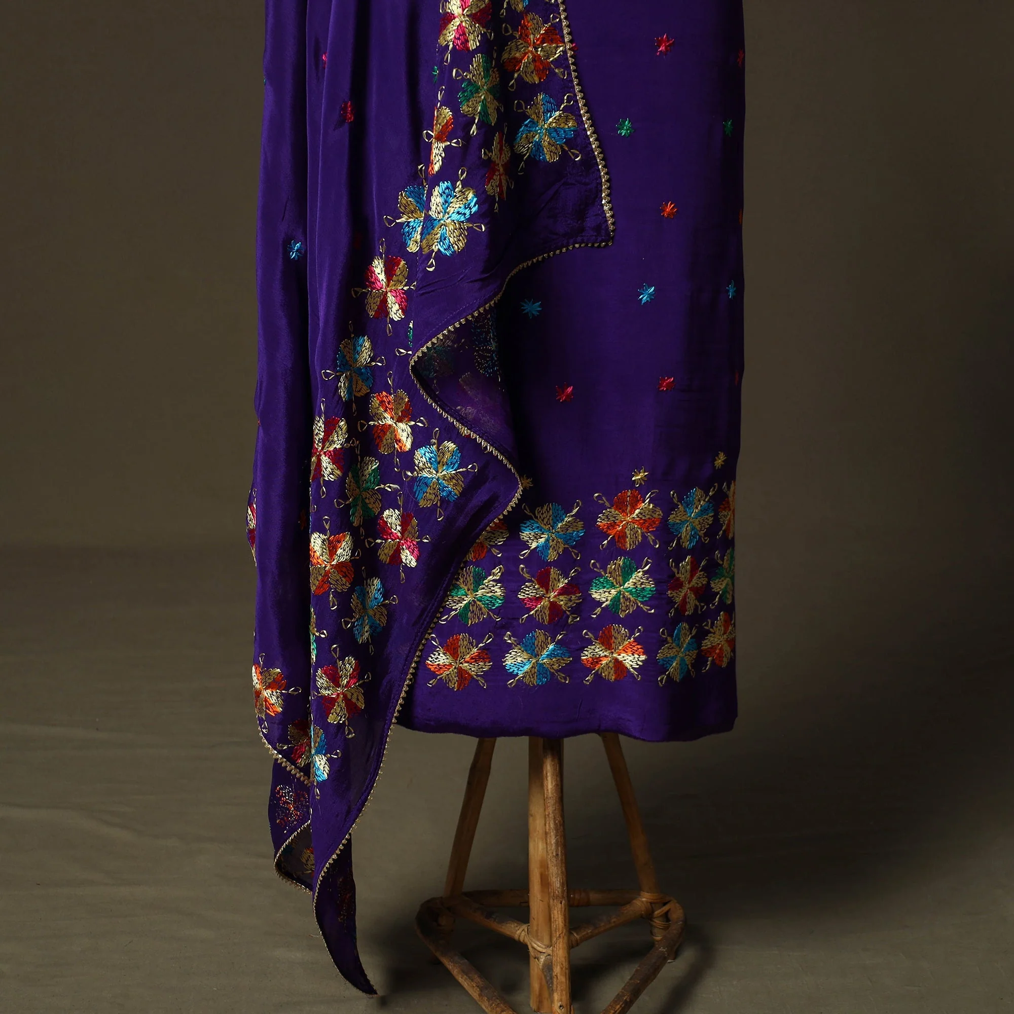 Purple - Phulkari Hand Embroidered Crepe Silk 3pc Unstitched Dress Material 01 - Image 4
