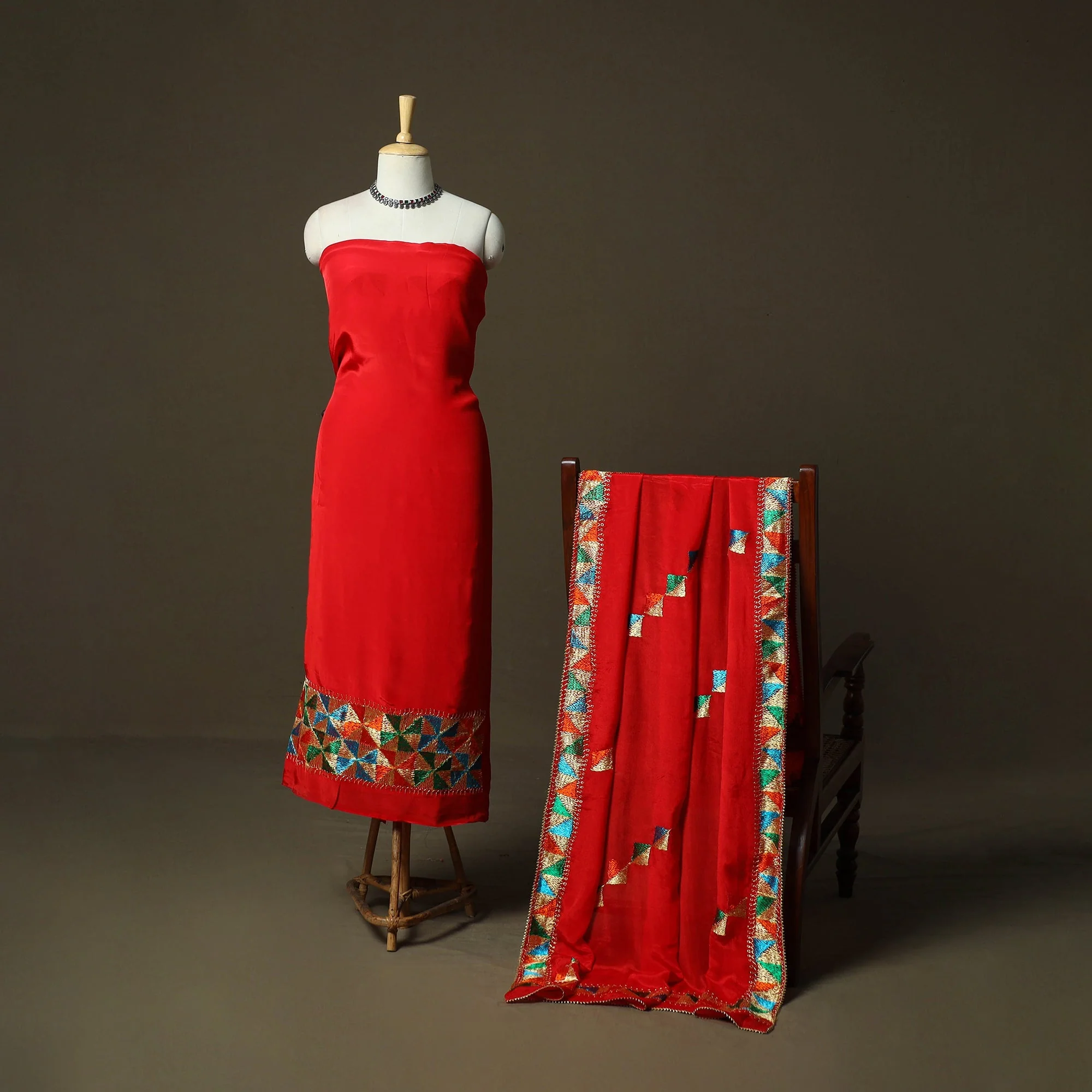 Red - Phulkari Hand Embroidered Crepe Silk 3pc Unstitched Dress Material 05