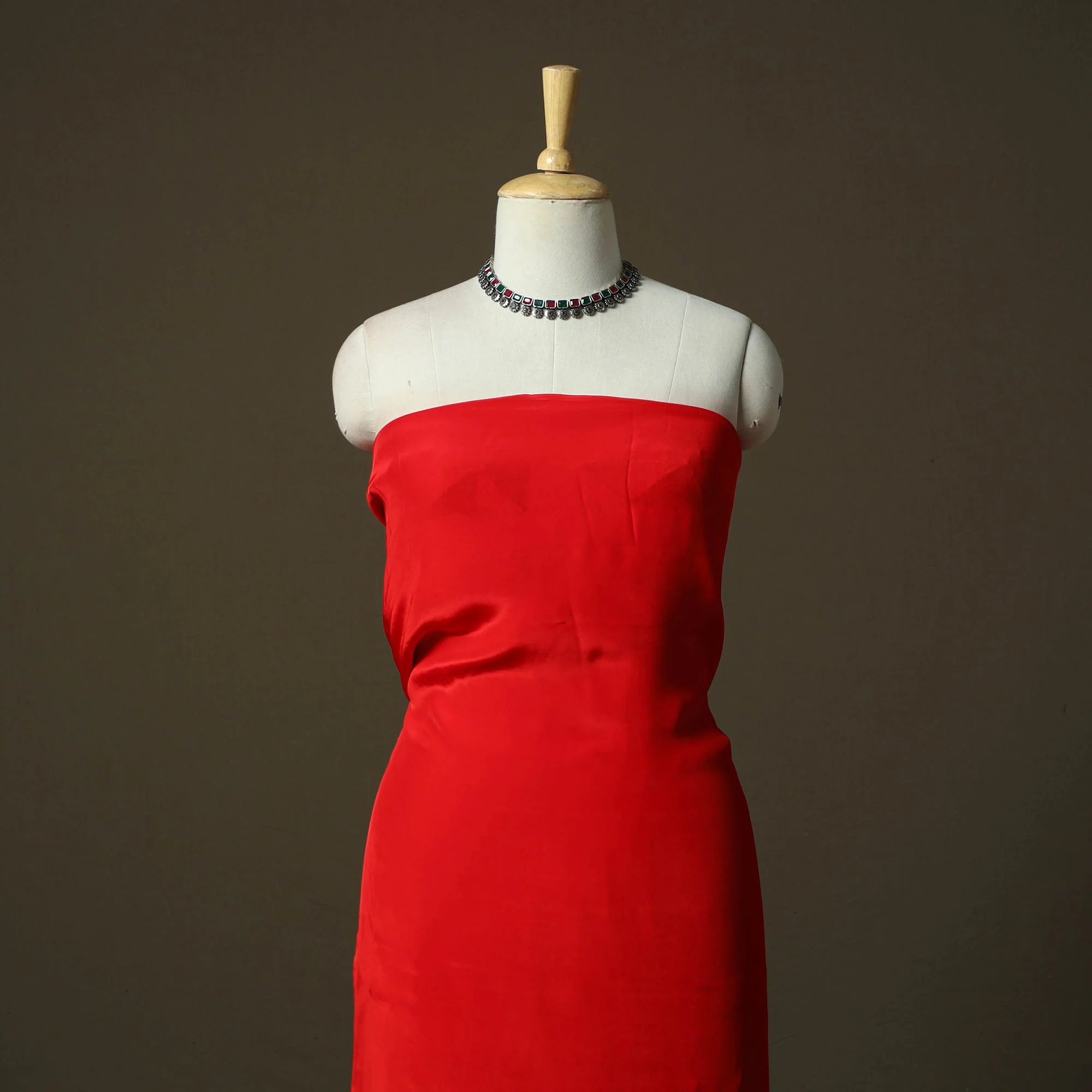 Red - Phulkari Hand Embroidered Crepe Silk 3pc Unstitched Dress Material 05 - Image 2