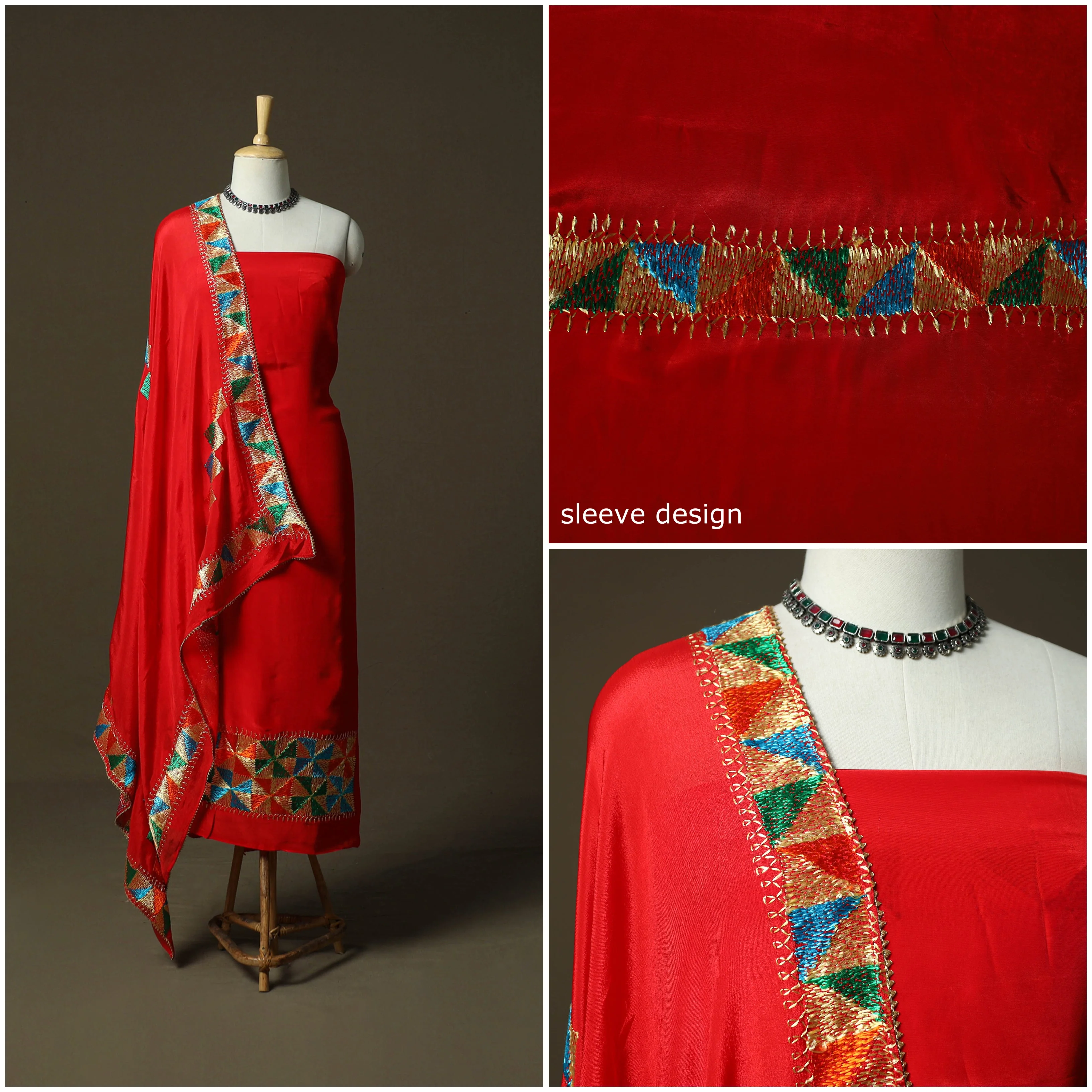 Red - Phulkari Hand Embroidered Crepe Silk 3pc Unstitched Dress Material 05 - Image 3