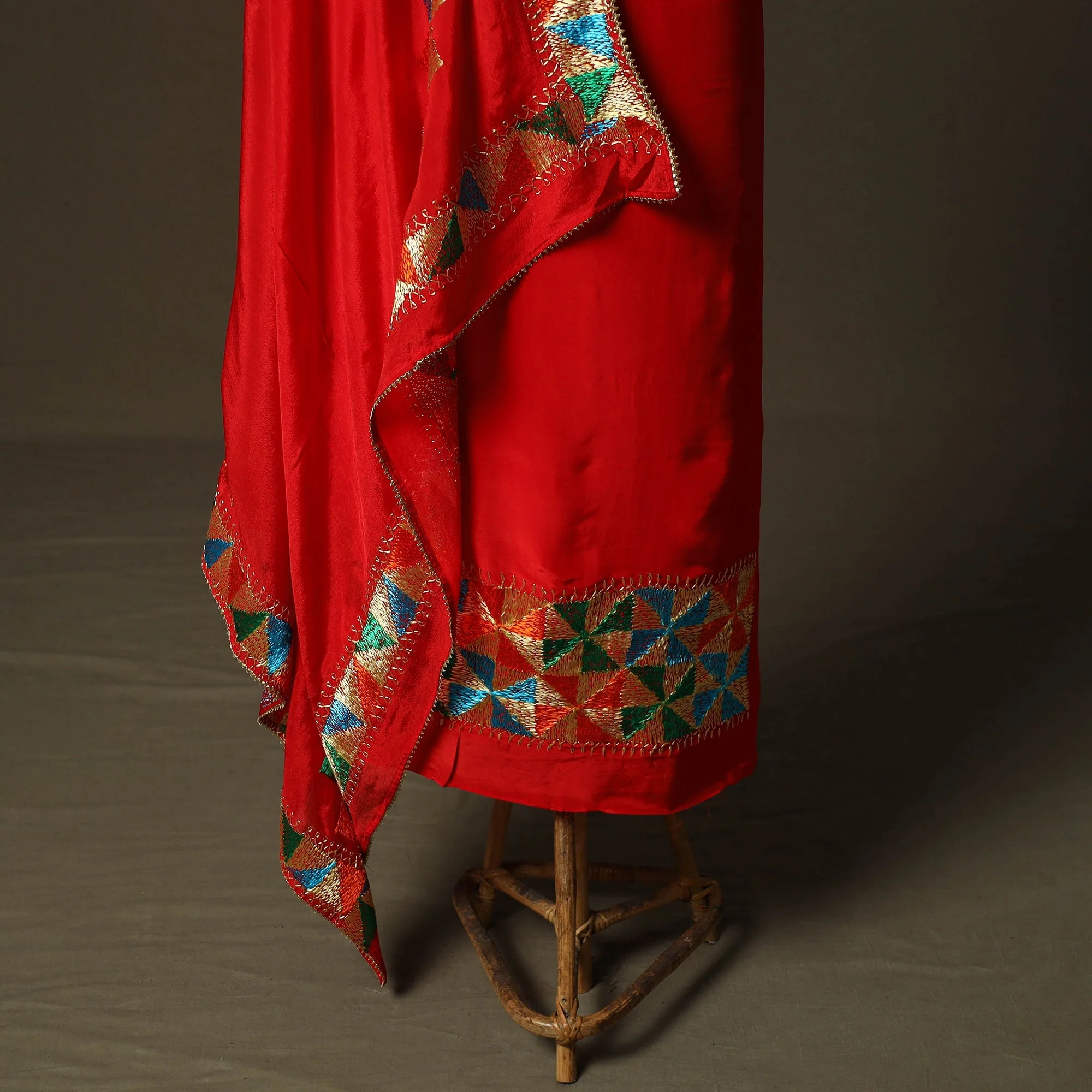 Red - Phulkari Hand Embroidered Crepe Silk 3pc Unstitched Dress Material 05 - Image 4