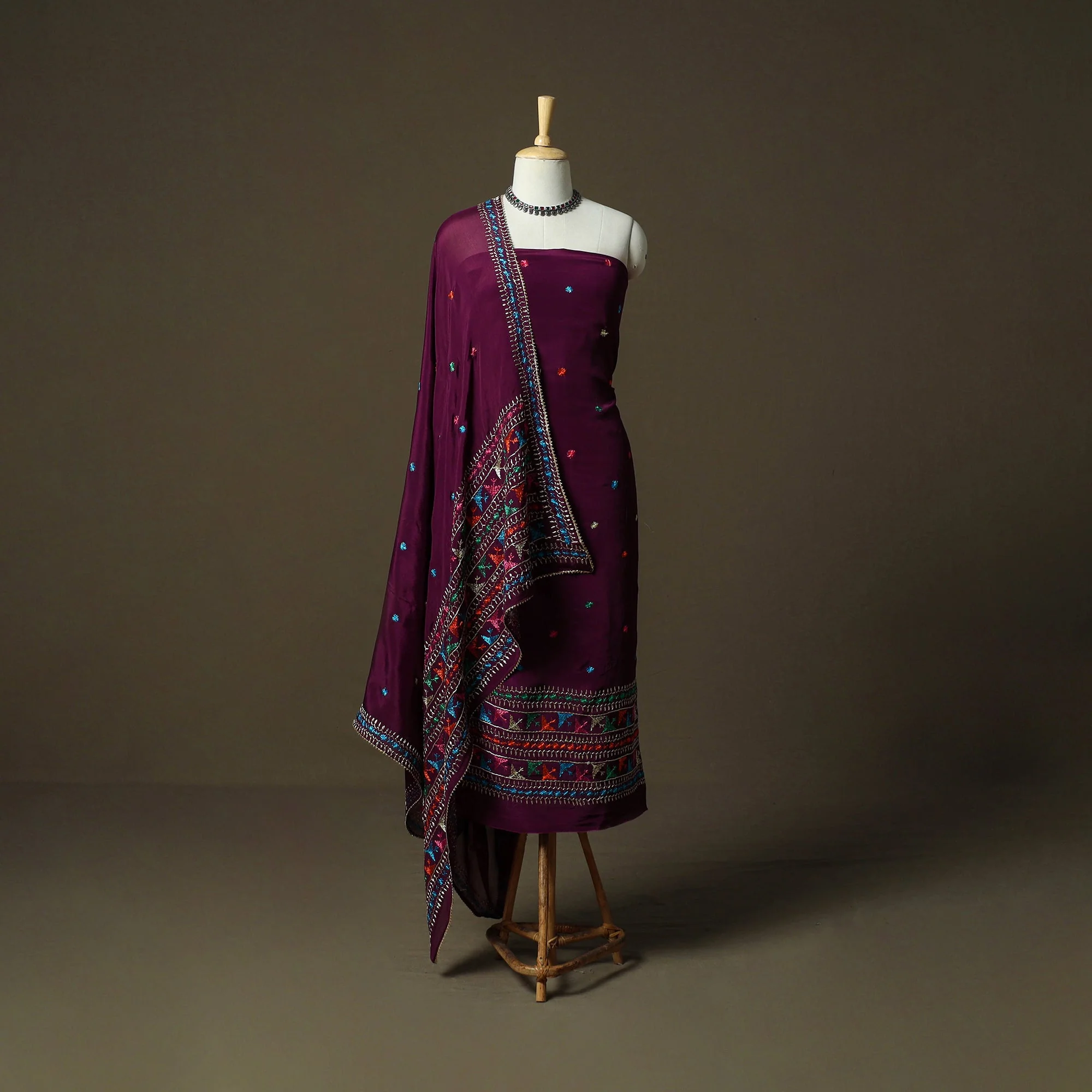 Purple - Phulkari Hand Embroidered Crepe Silk 3pc Unstitched Dress Material 06