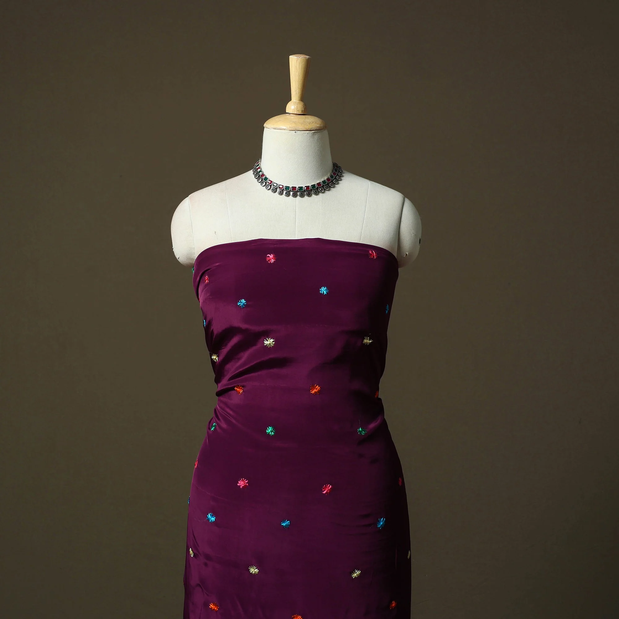 Purple - Phulkari Hand Embroidered Crepe Silk 3pc Unstitched Dress Material 06 - Image 2