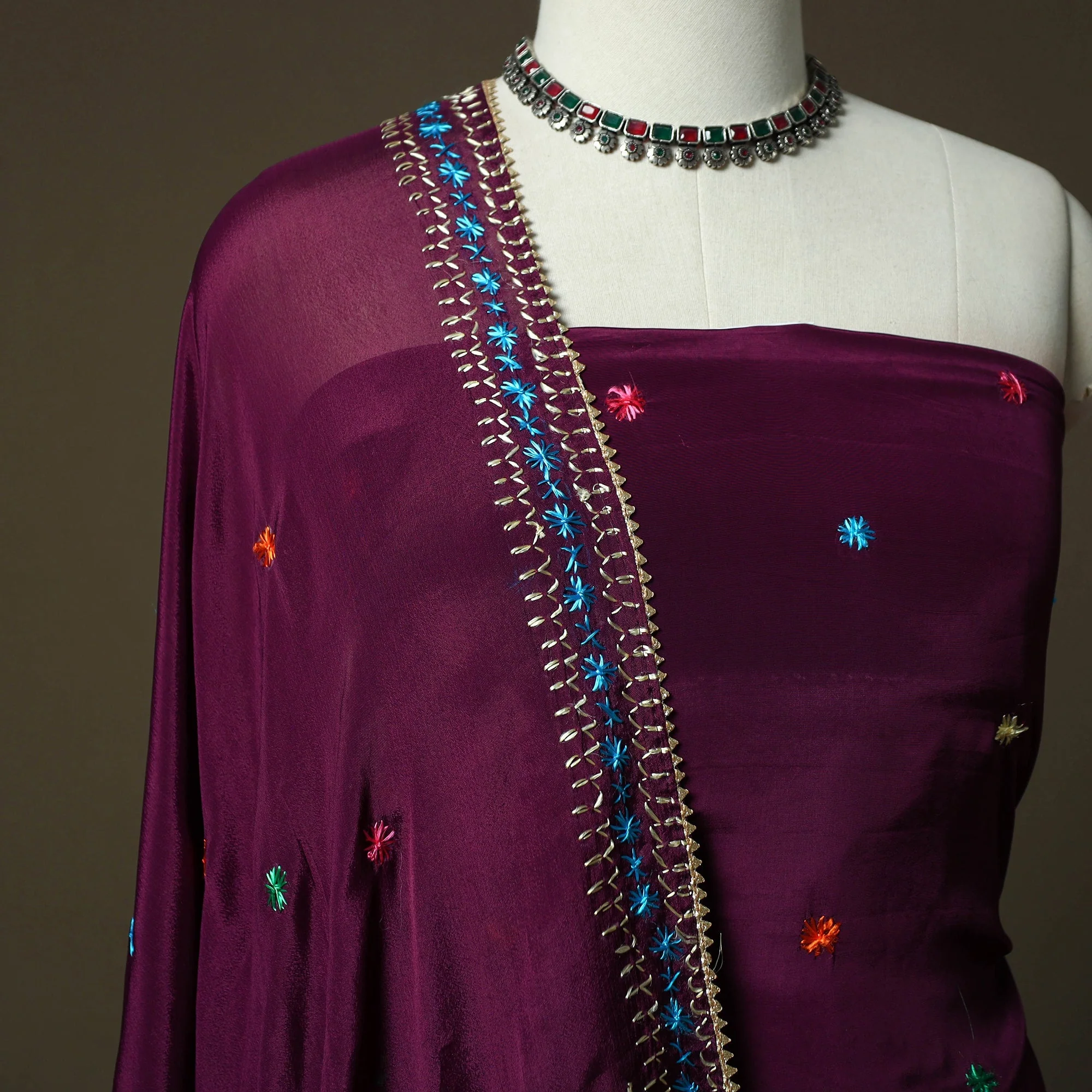 Purple - Phulkari Hand Embroidered Crepe Silk 3pc Unstitched Dress Material 06 - Image 3