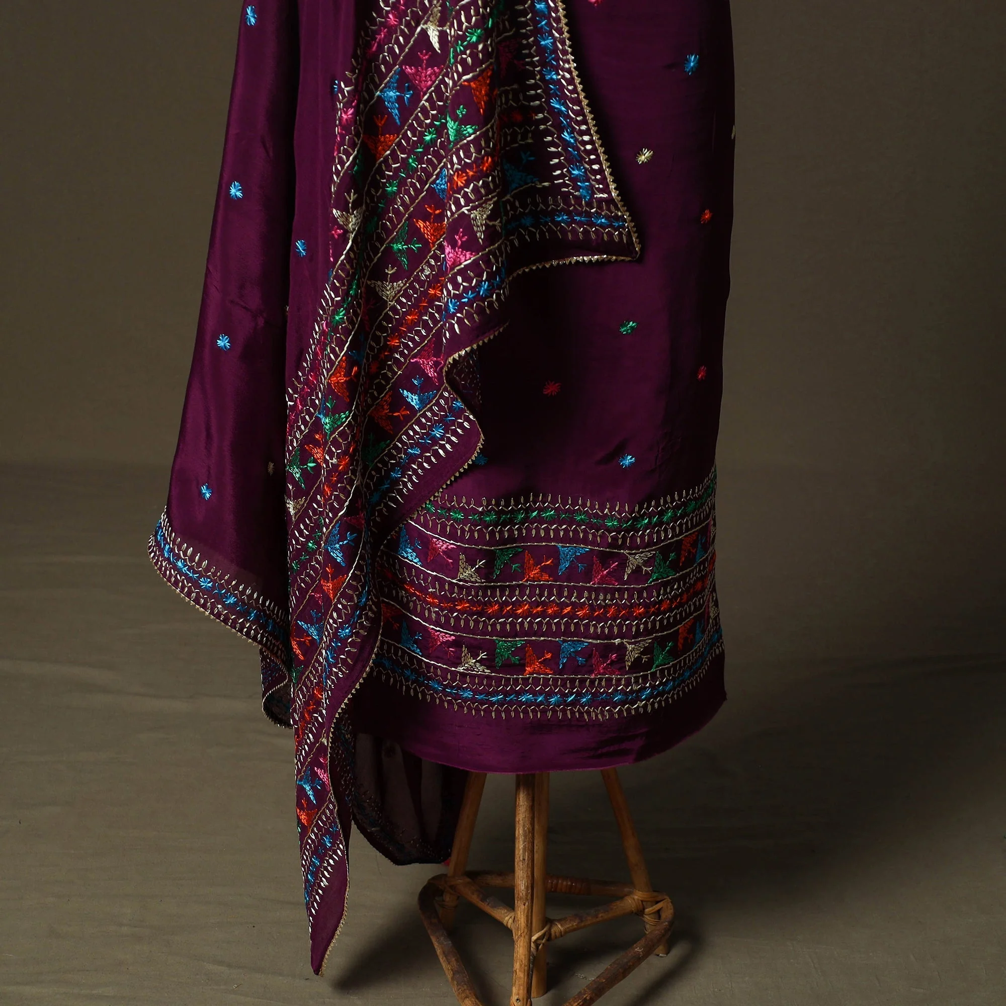 Purple - Phulkari Hand Embroidered Crepe Silk 3pc Unstitched Dress Material 06 - Image 4