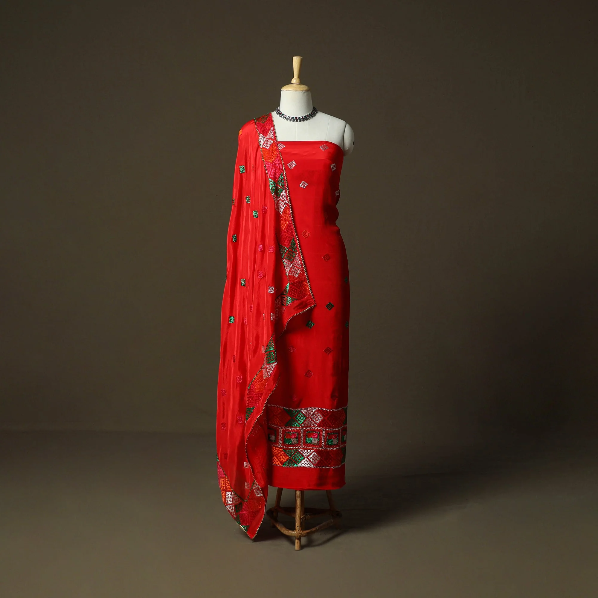 Red - Phulkari Hand Embroidered Crepe Silk 3pc Unstitched Dress Material 08