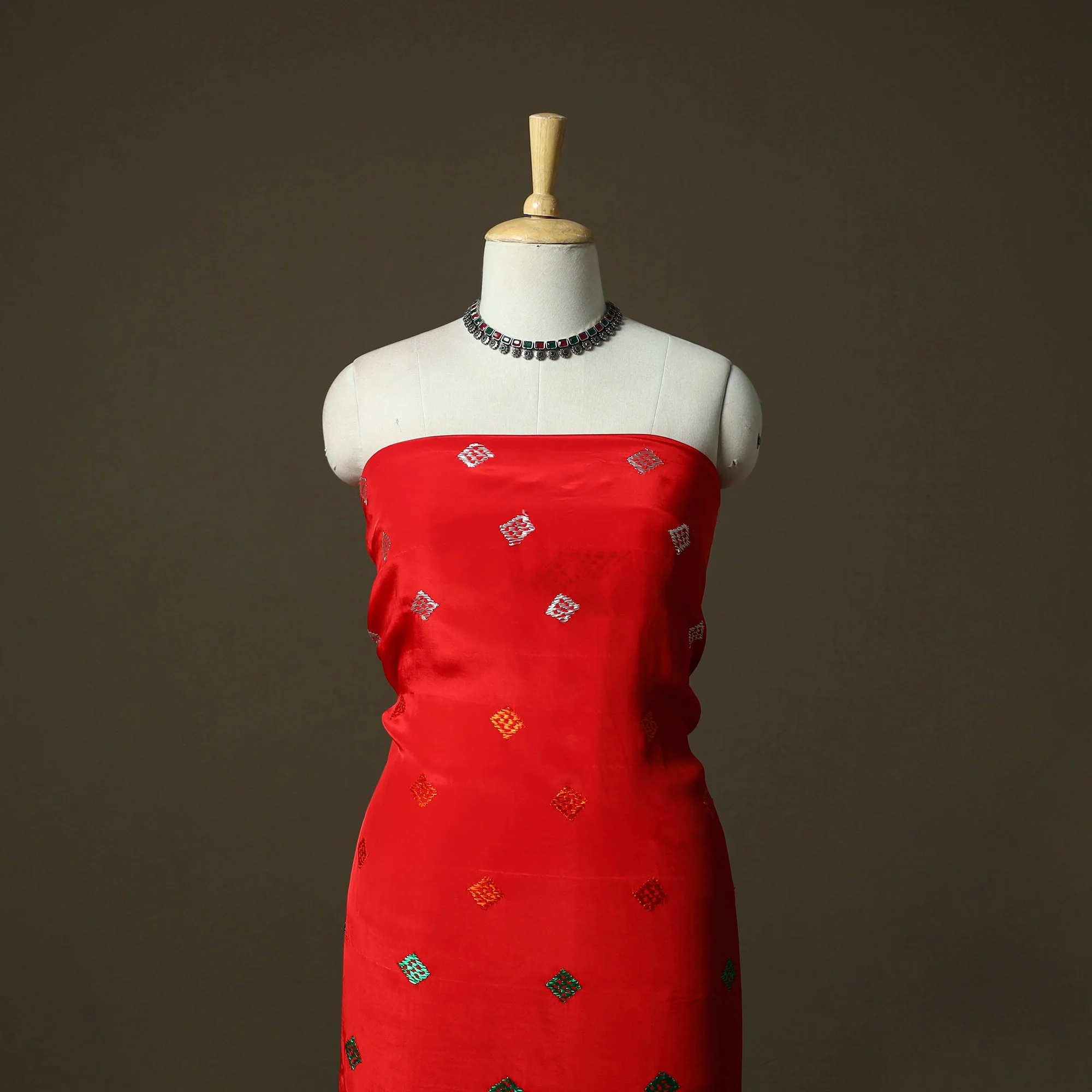 Red - Phulkari Hand Embroidered Crepe Silk 3pc Unstitched Dress Material 08 - Image 2